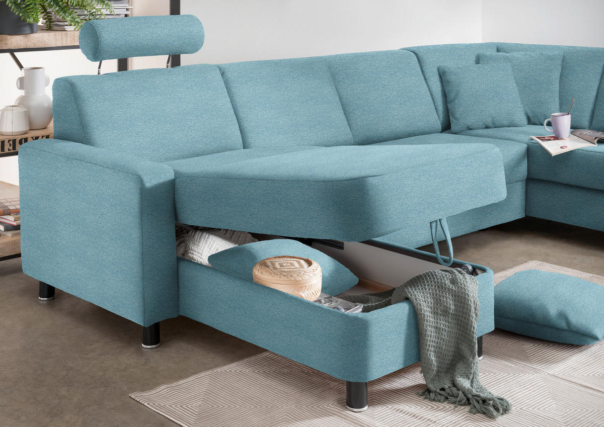 WOHNLANDSCHAFT  in Webstoff Hellblau  - Schwarz/Hellblau, Design, Holz/Textil (165/296/198cm) - Xora