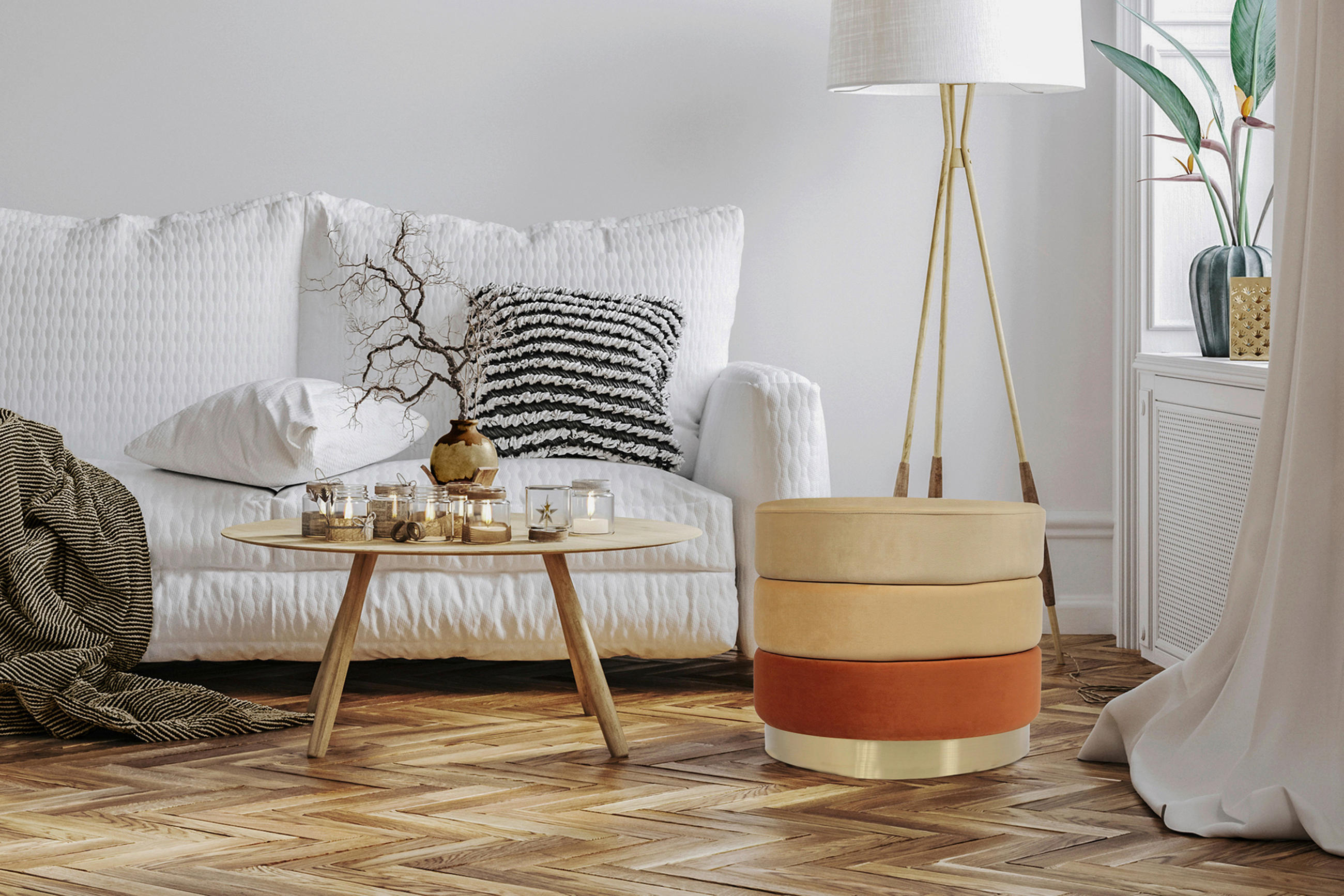 HOCKER in Textil Orange, Goldfarben - Goldfarben/Orange, Design, Textil/Metall (50/42cm) - Kayoom
