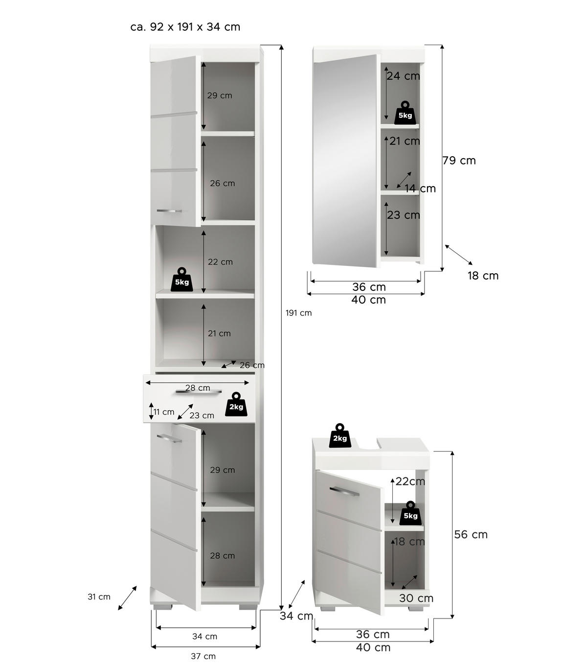 BADEZIMMER 3-teilig  in 92 cm  - Weiß Hochglanz/Silberfarben, Trend, Glas/Holzwerkstoff (92cm) - MID.YOU
