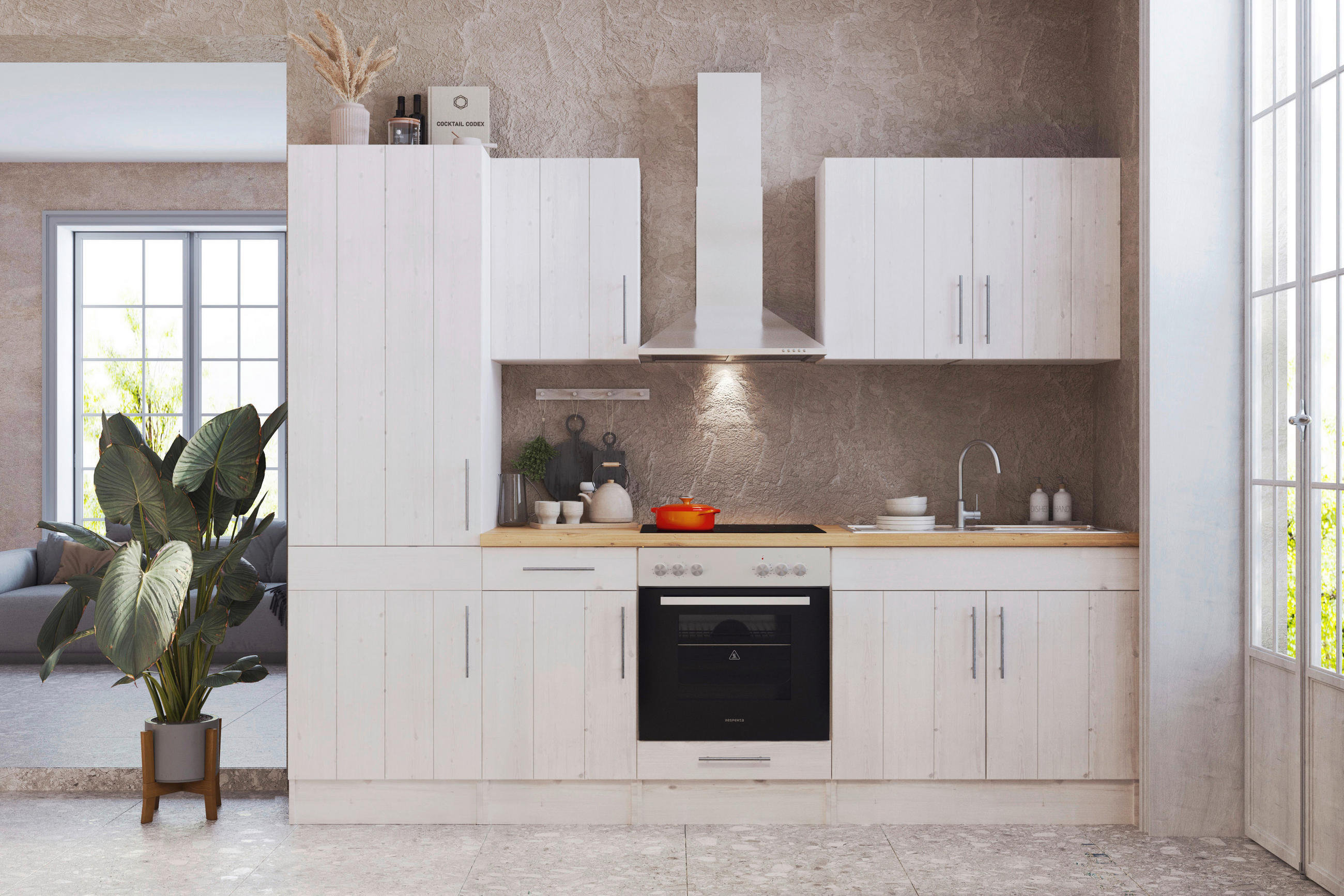 Küchenzeile mit Geräten B: 270 cm Weiß/Lärche Dekor