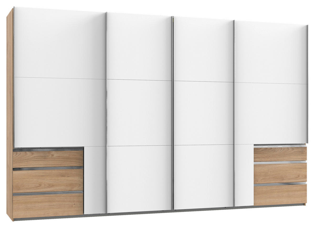 SCHWEBETÜRENSCHRANK 350,00/216,00/65,00 cm 4-türig Weiß, Eichefarben  - Chromfarben/Eichefarben, Basics, Holzwerkstoff/Metall (350,00/216,00/65,00cm) - MID.YOU