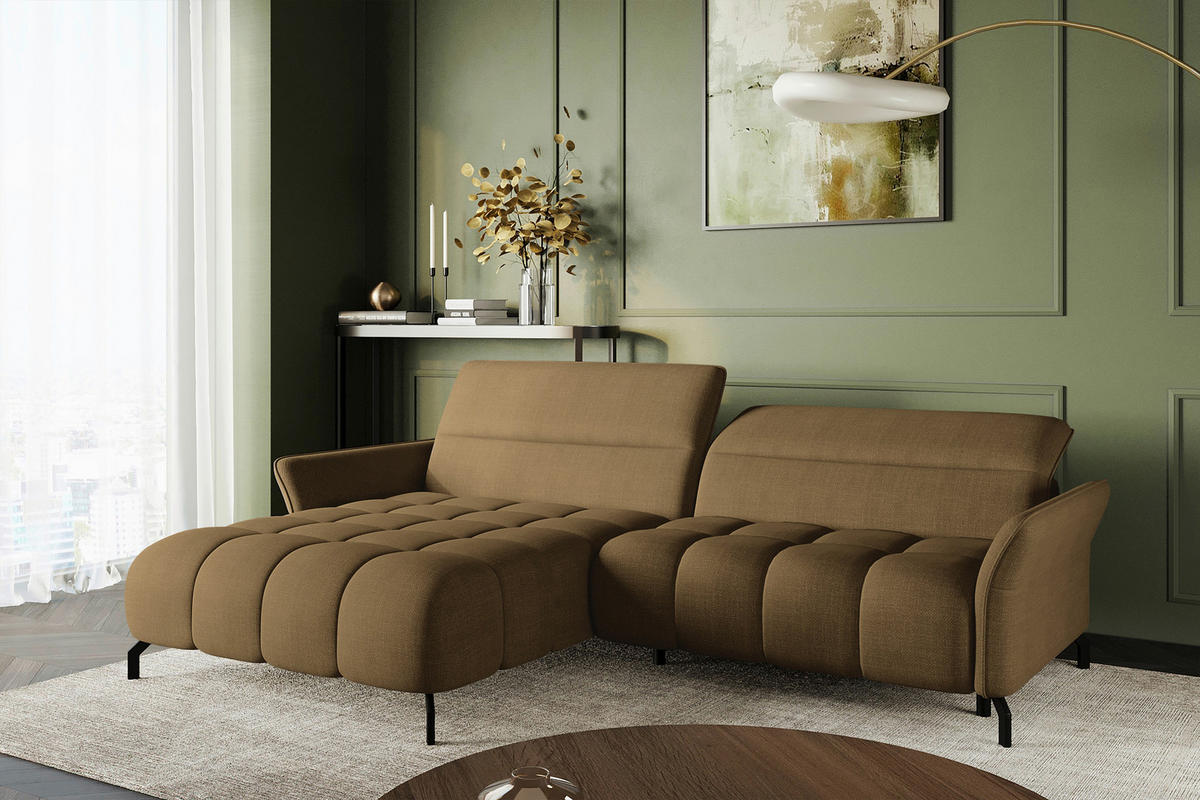 ECKSOFA Olivgrün Flachgewebe Rücken echt, Kopfteilverstellung, Sitztiefenverstellung  - Schwarz/Olivgrün, KONVENTIONELL, Textil/Metall (175/272cm) - Carryhome
