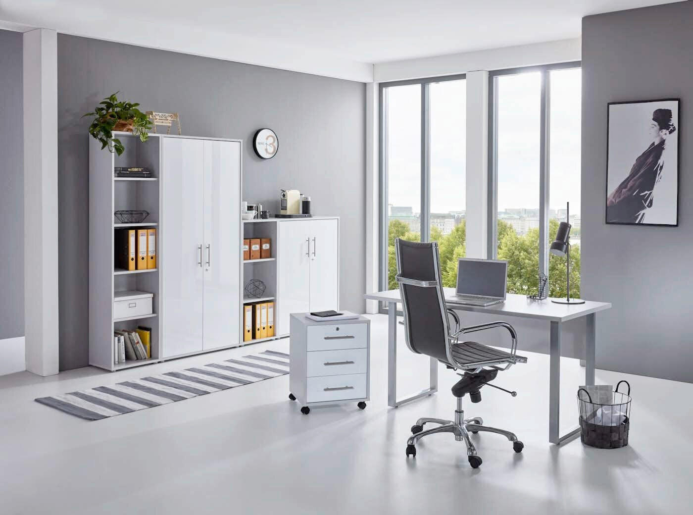 BÜRO erweiterbar, abschließbar Grau, Weiß Hochglanz - Weiß Hochglanz/Grau, MODERN, Holzwerkstoff/Metall - MID.YOU