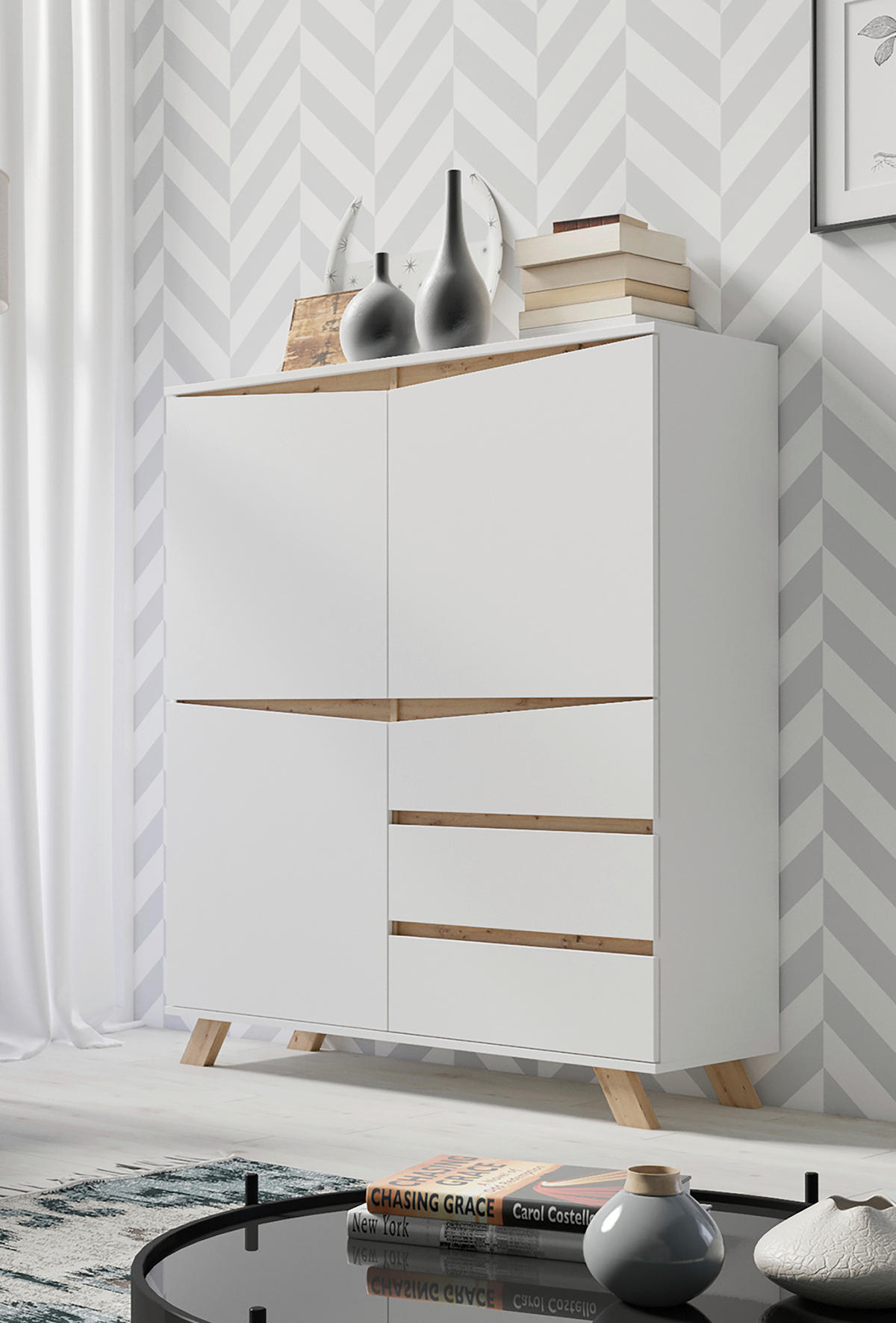 HIGHBOARD  120/137/38 cm 3 Schublade(n)  - Weiss/Eiche Artisan, Modern, Holzwerkstoff (120/137/38cm) - MID.YOU