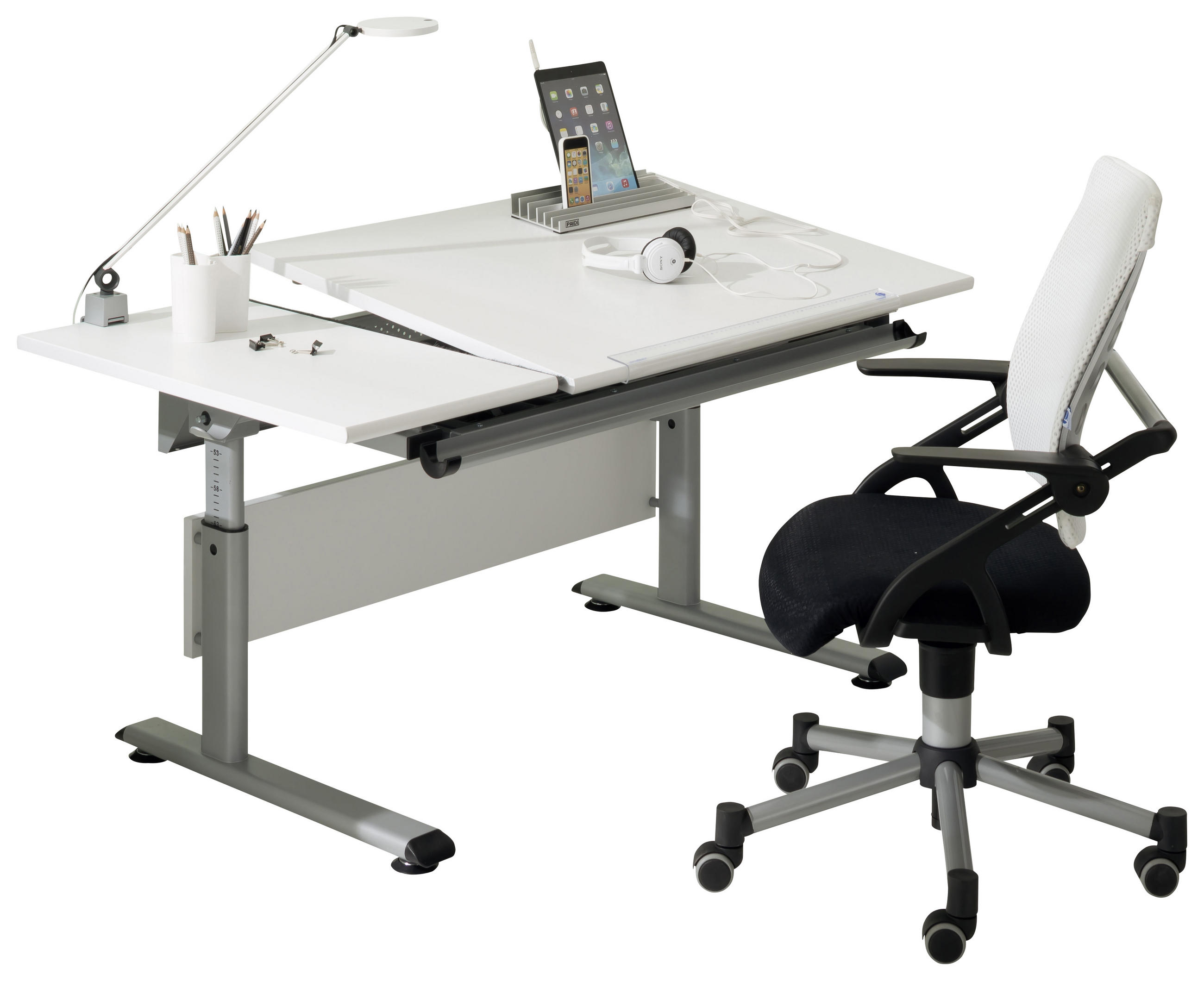 IFJÚSÁGI ÍRÓASZTAL  - ezüst/fehér, Design, faalapú anyag/fém (130/70/53-79cm) - Paidi