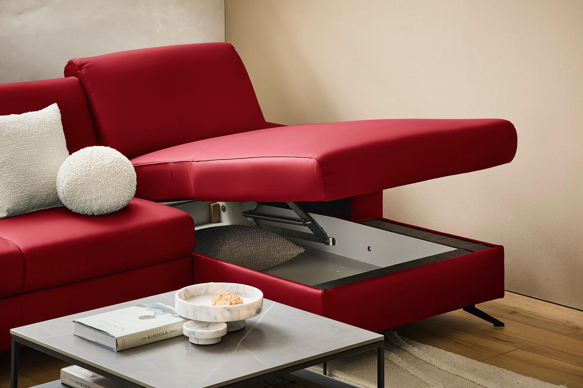 ECKSOFA in Echtleder Rot  - Rot/Schwarz, Design, Leder/Metall (267/165cm) - Lomoco