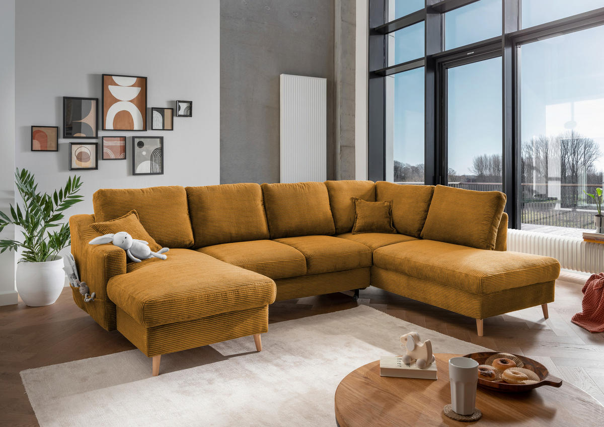 WOHNLANDSCHAFT Cord Goldfarben  - Goldfarben/Naturfarben, Konventionell, Holz/Textil (150/301/200cm) - P & B