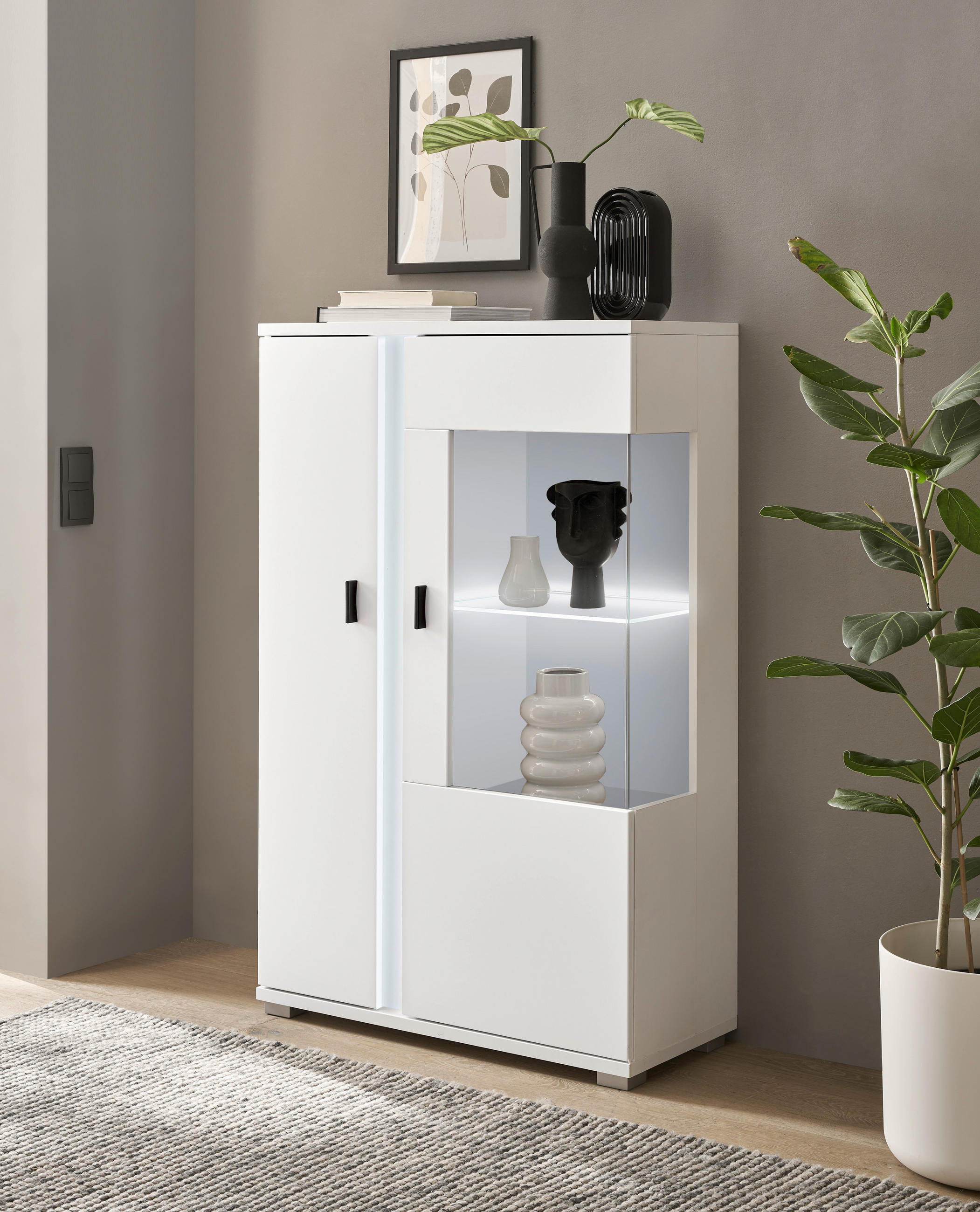 VITRINE in Weiß  - Silberfarben/Schwarz, Design, Glas/Holzwerkstoff (80/125/35cm) - MID.YOU