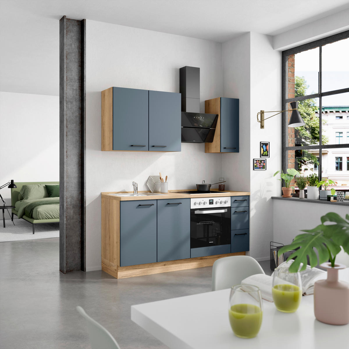 KÜCHENBLOCK Easytouch 180 cm  in Eichefarben, Dunkelblau  - Eichefarben/Schwarz, MODERN, Holzwerkstoff/Metall (180cm) - Nobilia