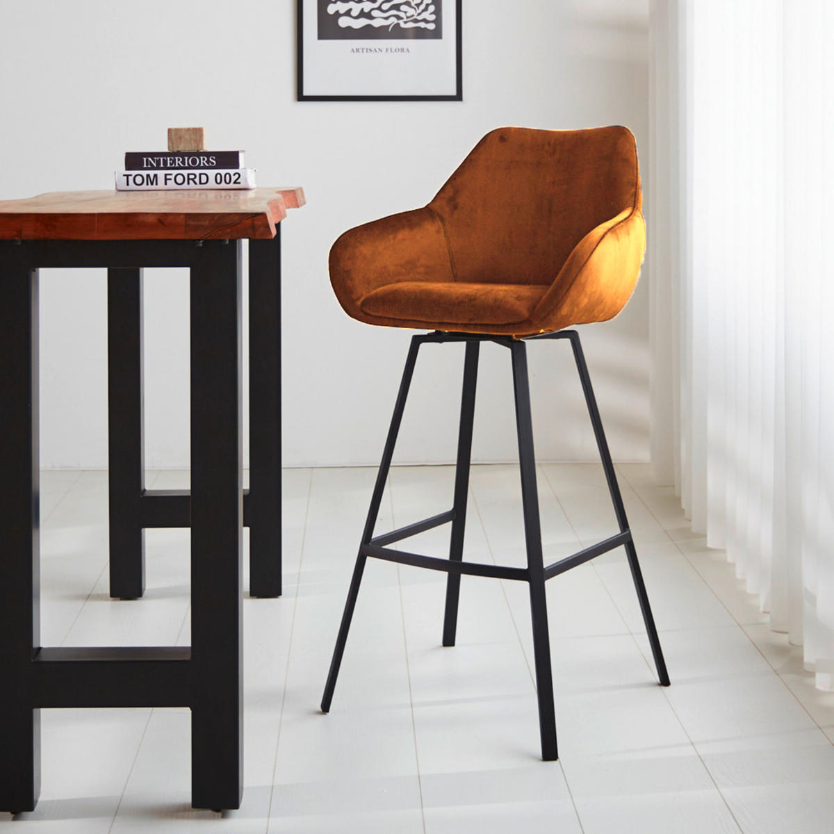 BARHOCKER-SET Samt, Velours Gelb, Goldfarben, Cognac Sitzfläche 180° drehbar, automatische Rückholfunktion  - Cognac/Gelb, MODERN, Textil/Metall (55/109/57cm) - MID.YOU