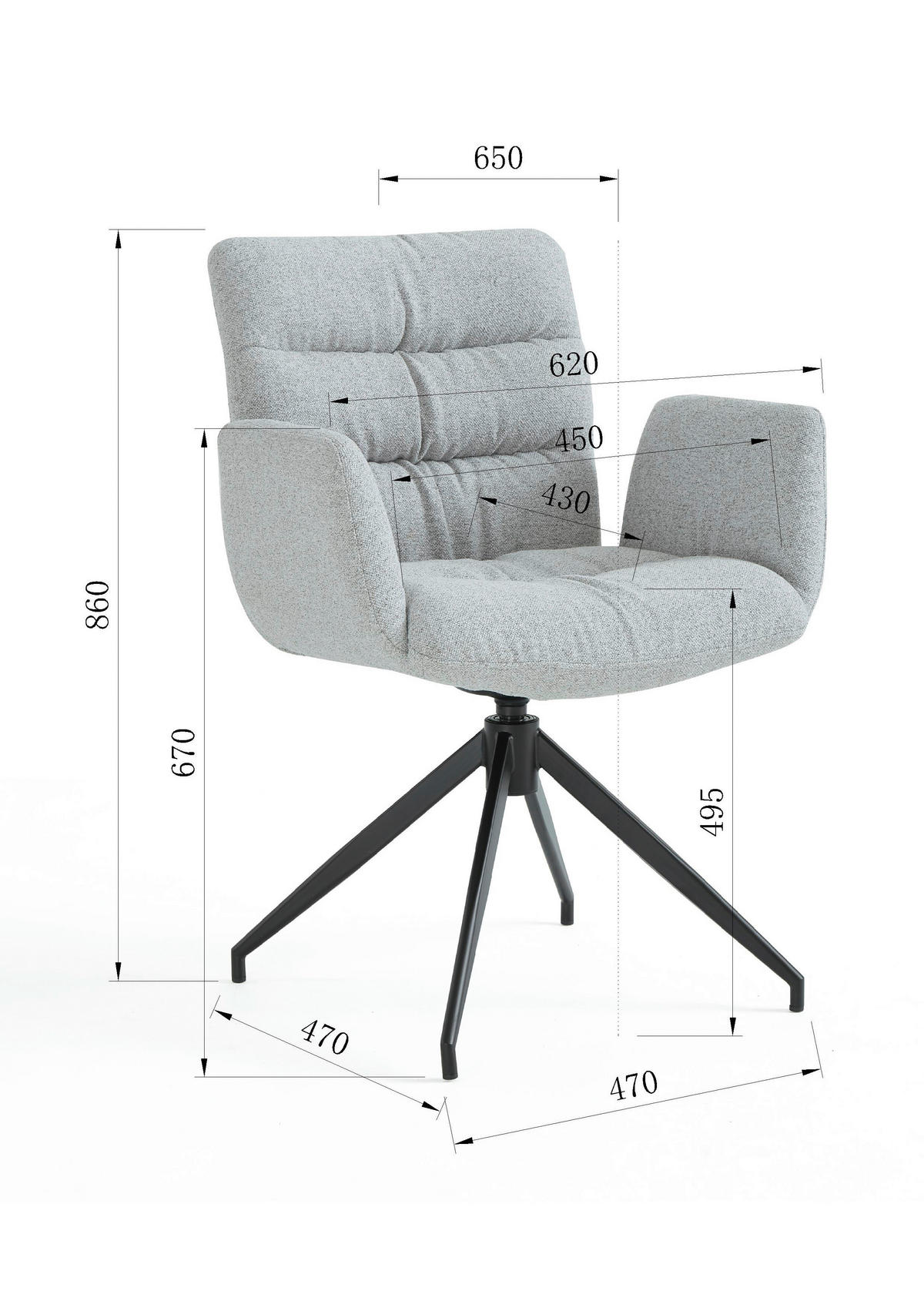 ARMLEHNSTUHL  Sitzfläche 360° drehbar Leinenoptik  Schwarz, Hellgrau  - Hellgrau/Schwarz, Design, Textil/Metall (62/86/65cm) - Dieter Knoll