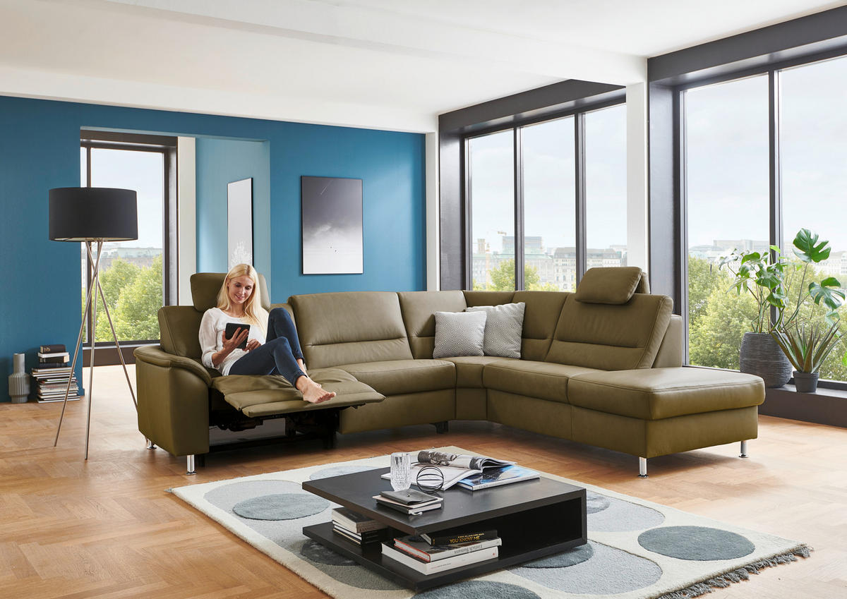 ECKSOFA in Echtleder Grün  290/249 cm  - Alufarben/Grün, KONVENTIONELL, Leder/Metall (290/249cm) - Beldomo Premium