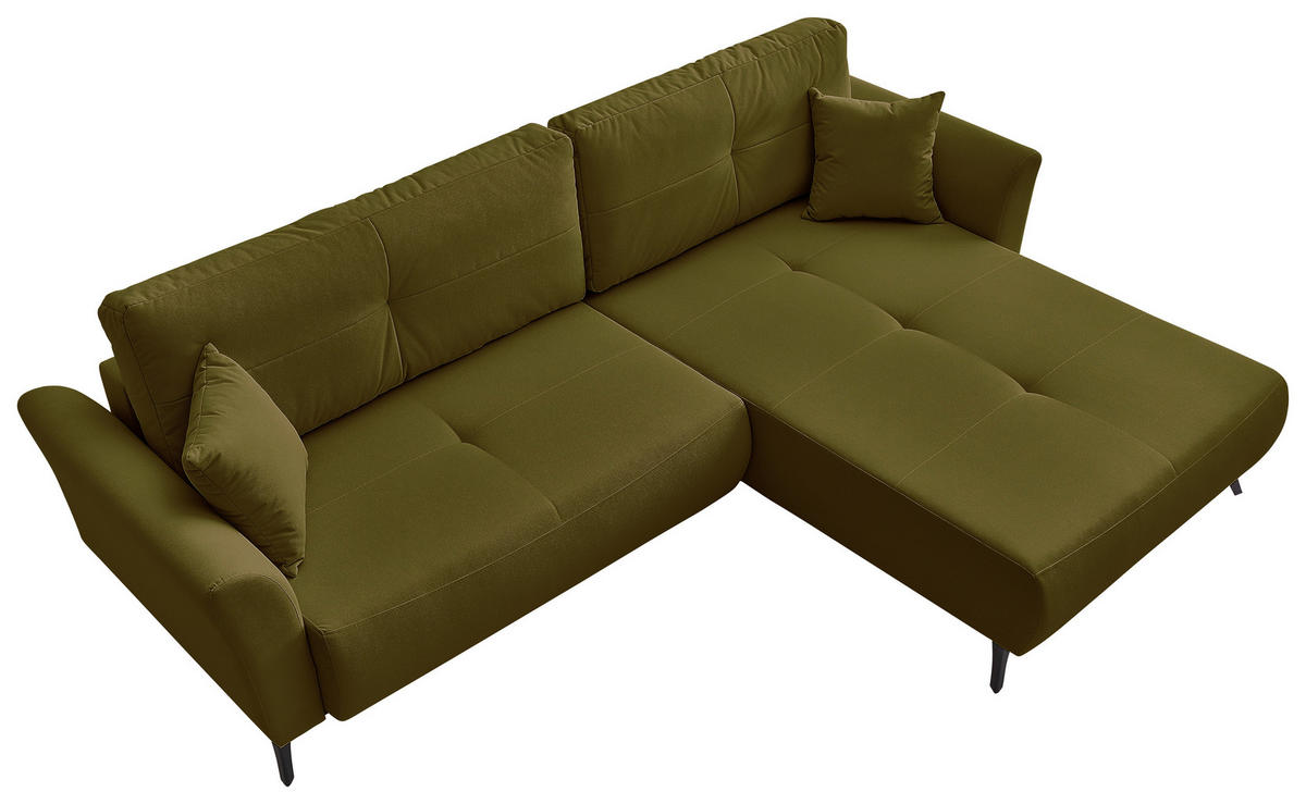 ECKSOFA GEMMA Grün Flachgewebe Zierkissen, Rückenkissen, Bettkasten, Schlaffunktion, Rücken echt, Stauraum  - Schwarz/Grün, Design, Textil/Metall (270/183cm) - P & B