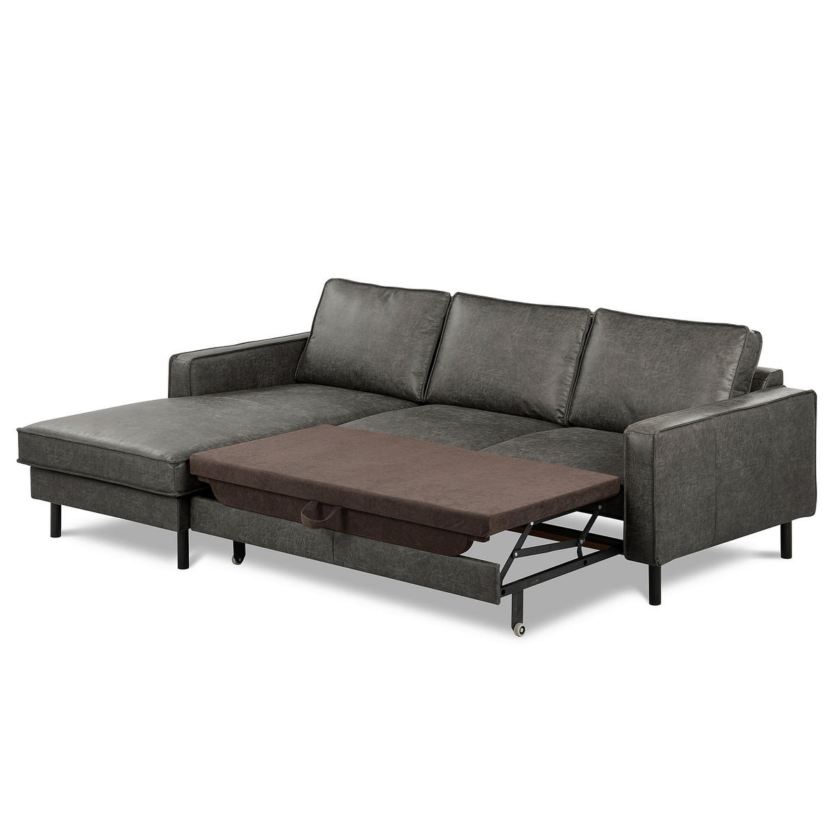 ECKSOFA Dunkelgrau Echtleder Lederlook Bettkasten, Schlaffunktion, Rücken echt  - Dunkelgrau/Schwarz, Design, Leder/Textil (166/238cm) - Livetastic