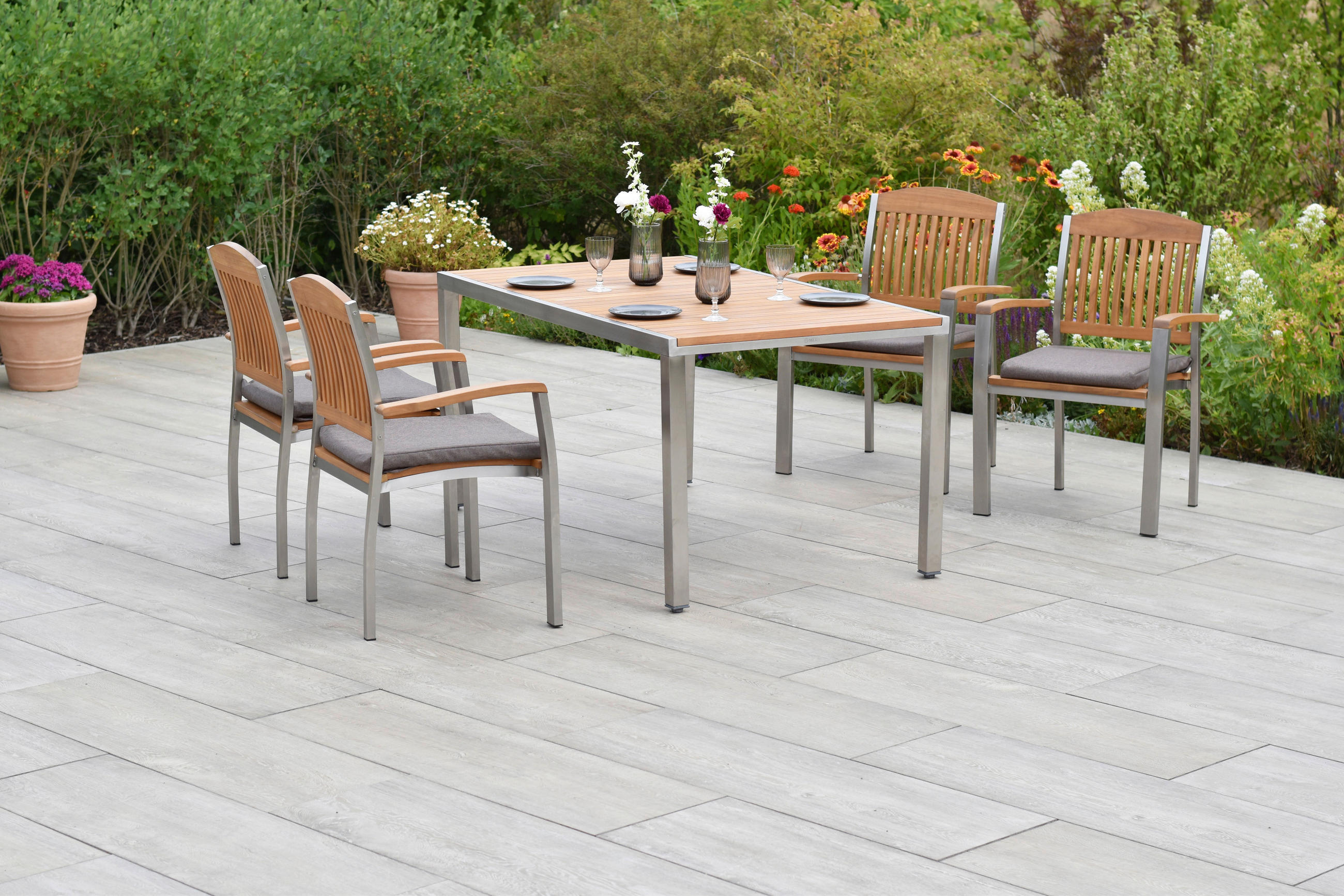 GARTENSET Akazie massiv Edelstahl  - Silberfarben/Naturfarben, MODERN, Holz/Textil - Gardenson