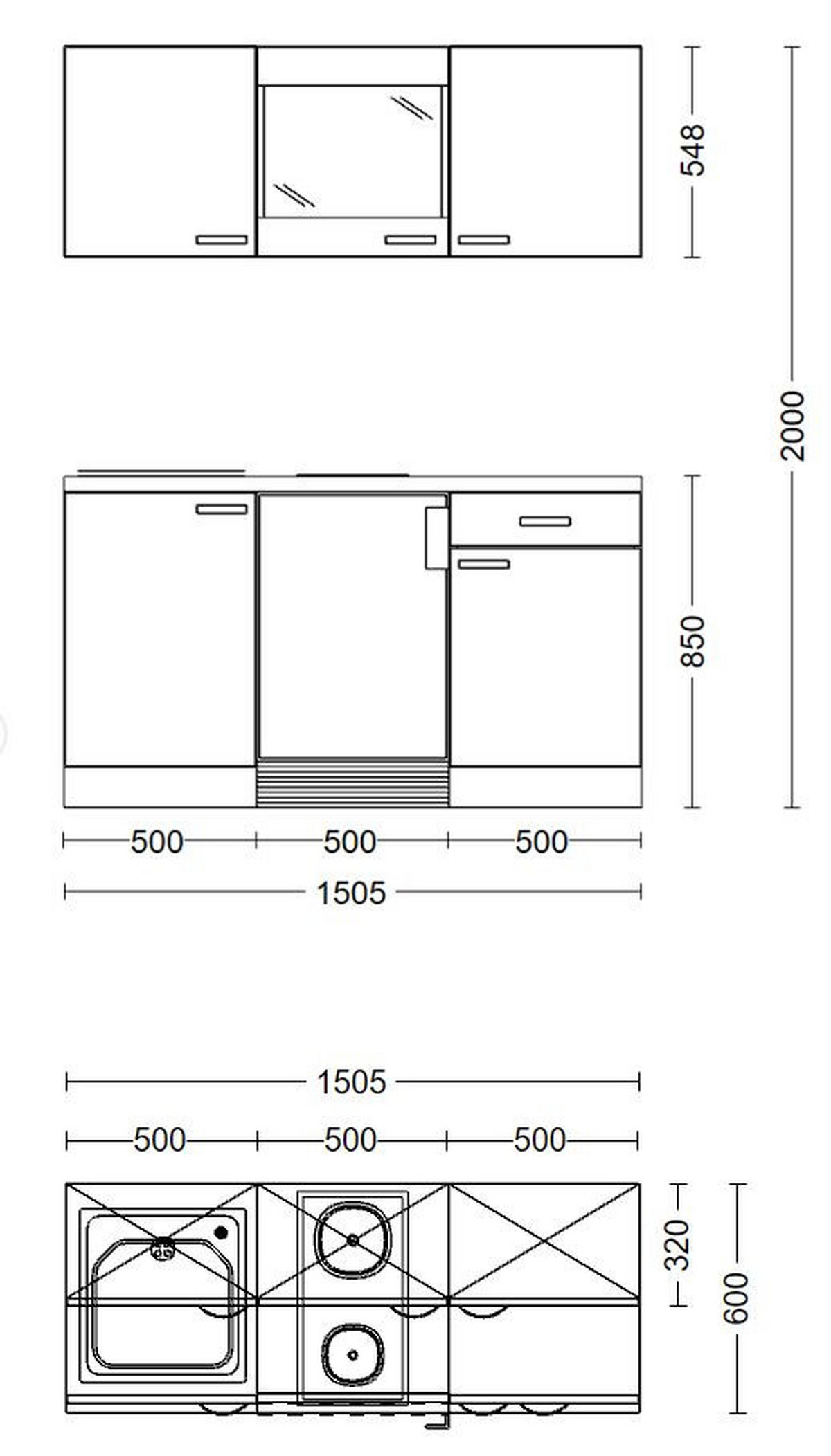 MINIKÜCHE   in Grau, Eiche San Remo  - Edelstahlfarben/Eiche San Remo, MODERN, Glas/Holzwerkstoff (150,5/209/60cm) - FlexWell