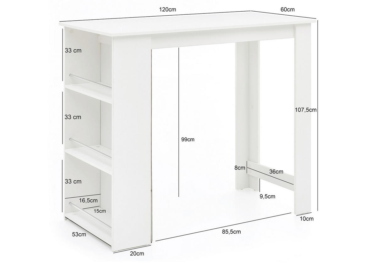 BAROVÝ STŮL, bílá, 120/60/107,5 cm - bílá, Basics, kompozitní dřevo (120/60/107,5cm) - MID.YOU