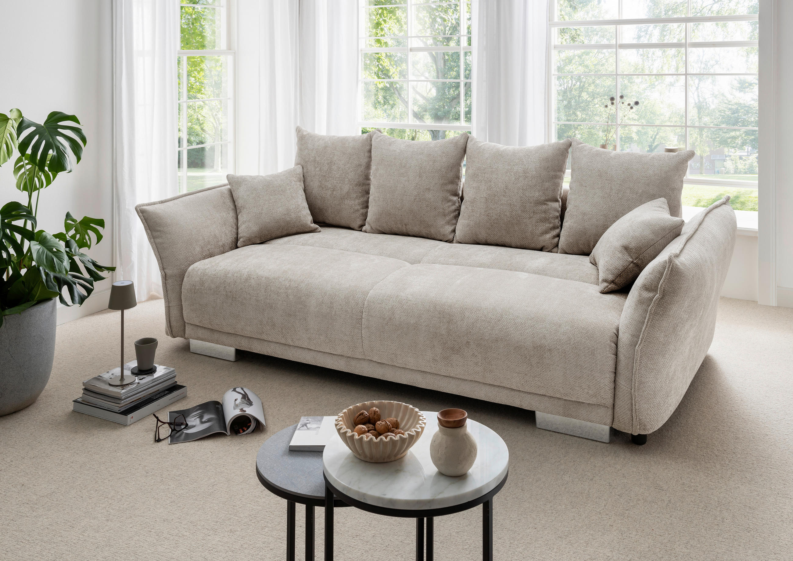 BIGSOFA Mikrofaser Creme  - Chromfarben/Creme, Basics, Kunststoff/Textil (242/71/90/131cm) - Livetastic