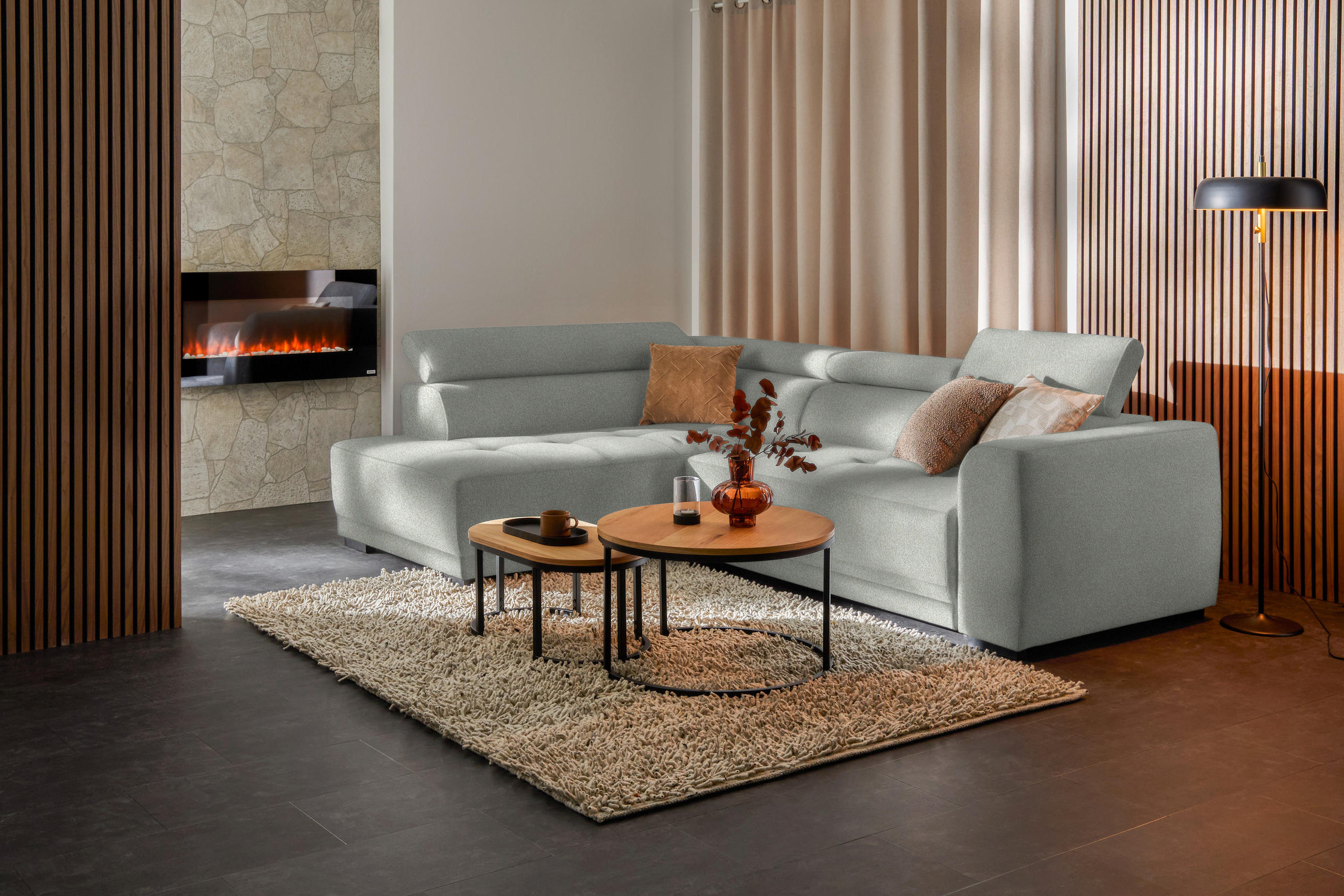ECKSOFA in Chenille Alabasterfarben  - Alabasterfarben/Schwarz, Design, Kunststoff/Textil (205/284cm) - MID.YOU