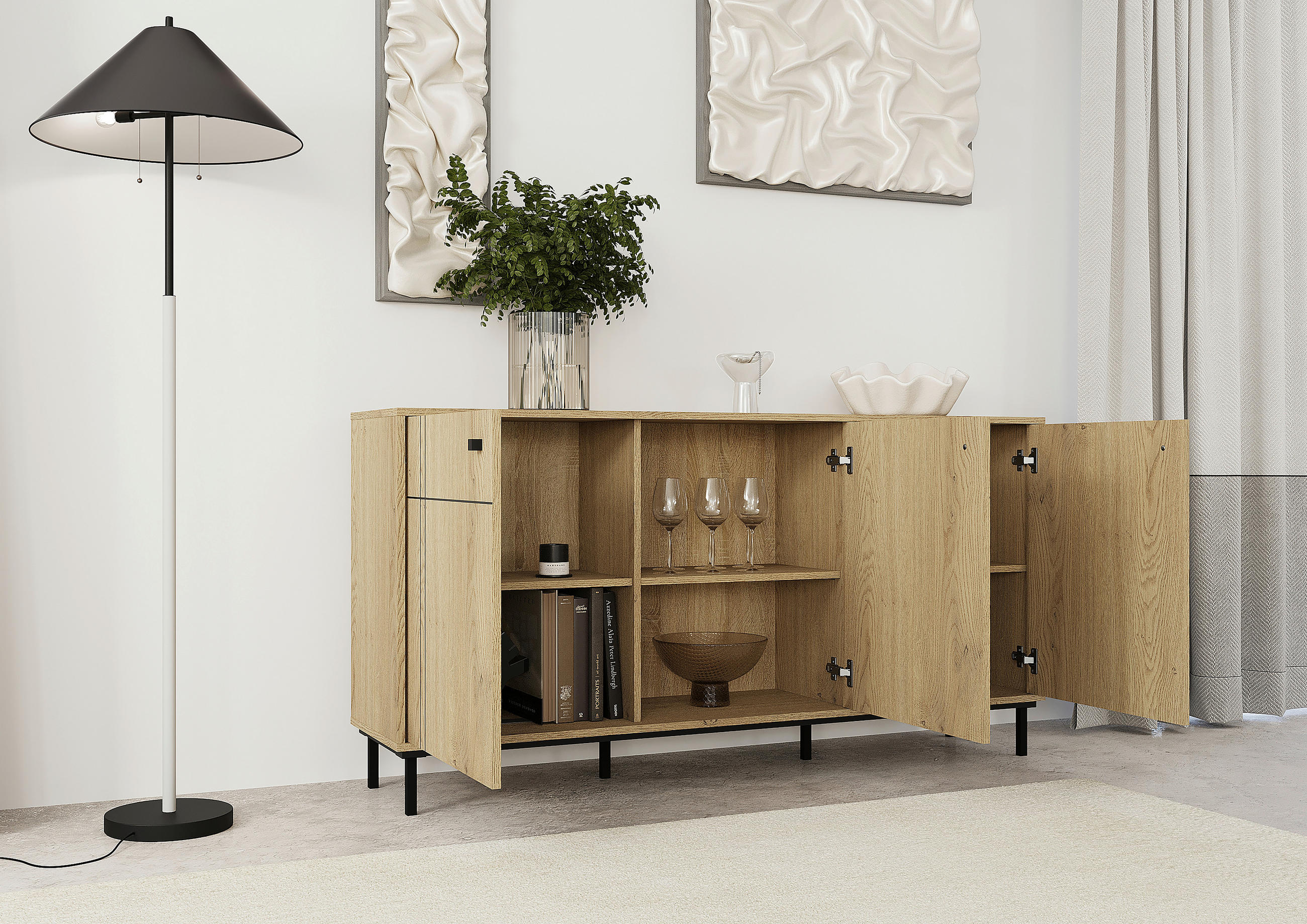 SIDEBOARD  in 160,2/81,8/37 cm  - Eichefarben/Schwarz, MODERN, Holzwerkstoff/Kunststoff (160,2/81,8/37cm) - Carryhome
