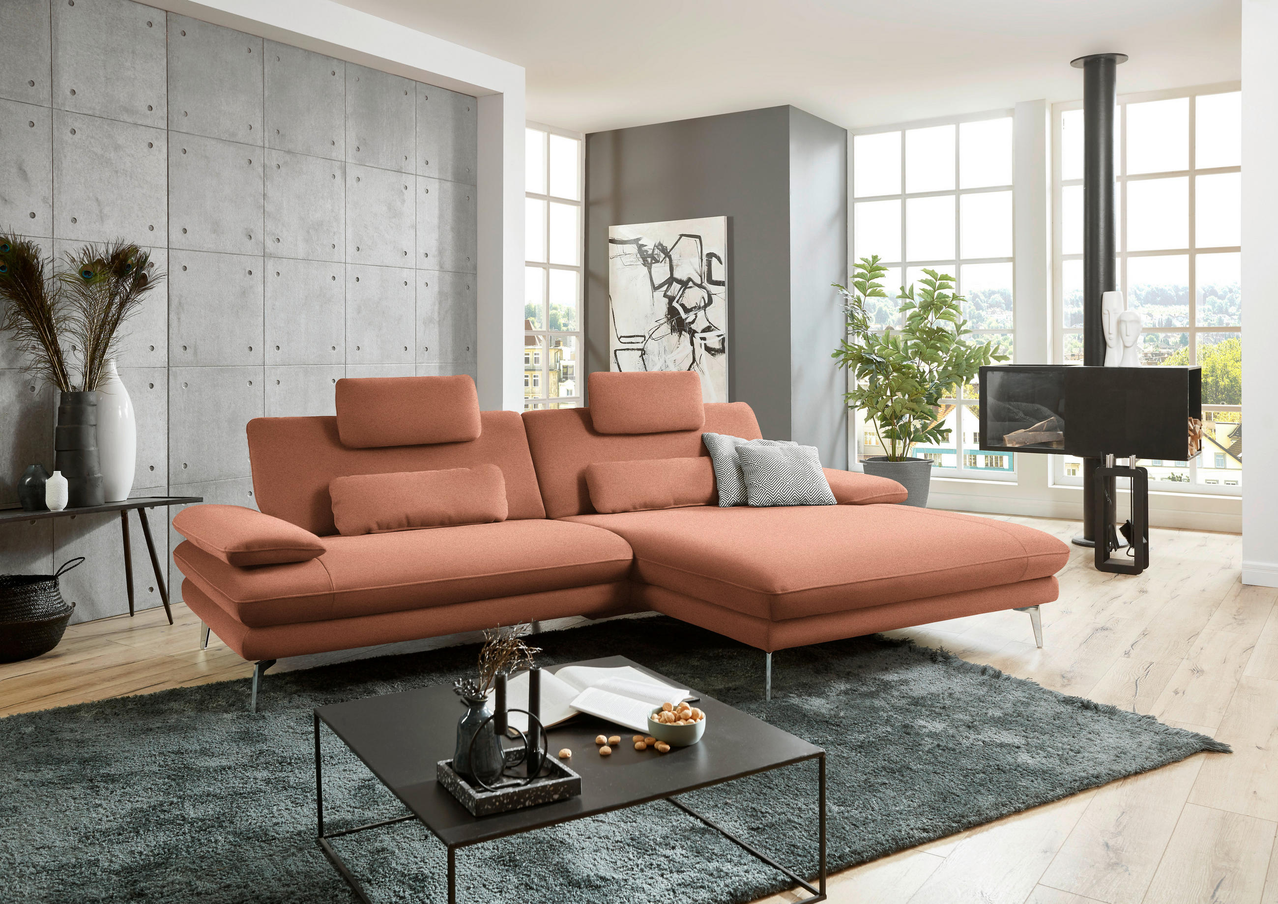 ECKSOFA in Webstoff Orange  - Schwarz/Orange, Design, Textil/Metall (284/184cm) - Dieter Knoll
