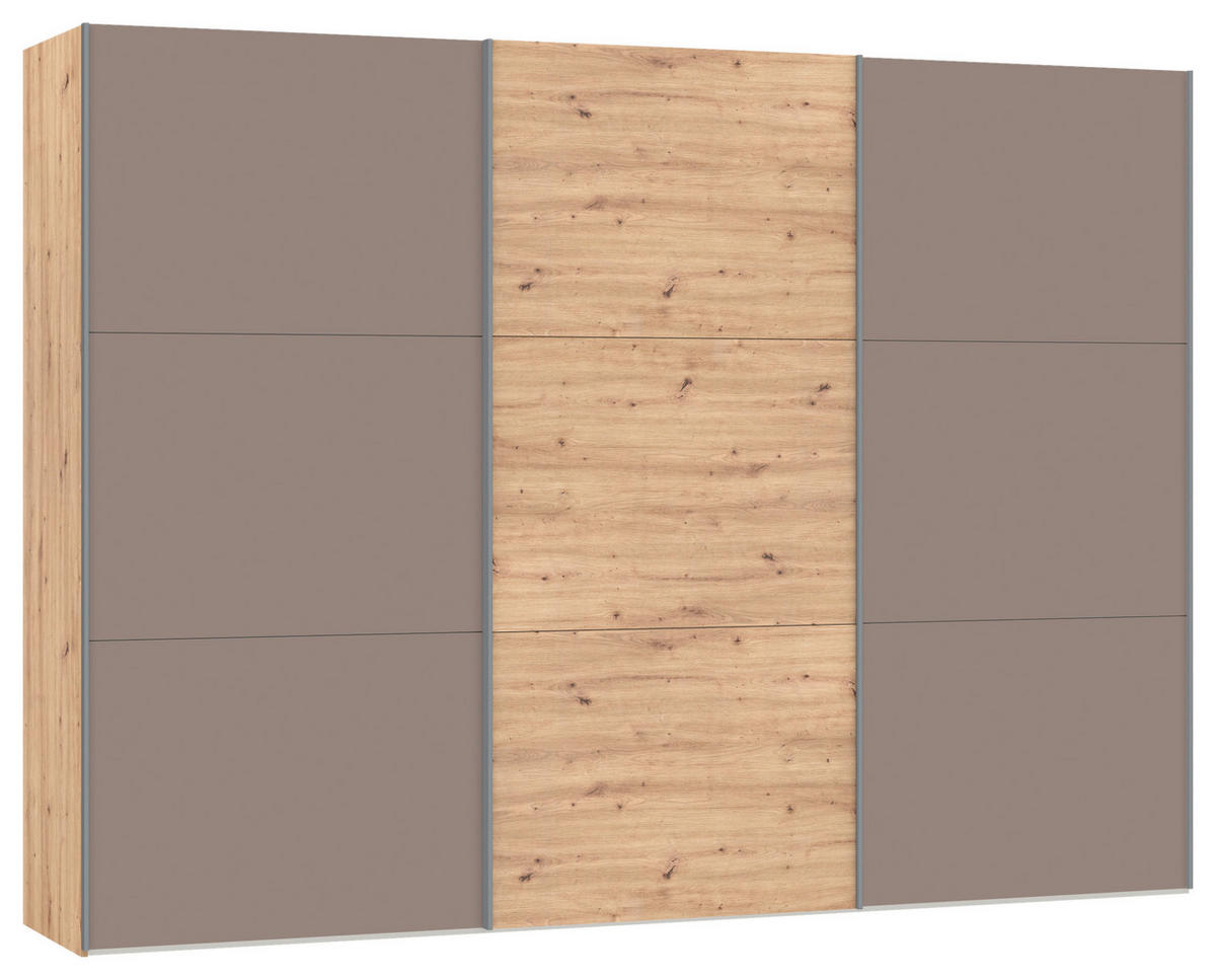 SCHWEBETÜRENSCHRANK 303/220/65 cm 3-türig Braun, Eichefarben  - Eichefarben/Silberfarben, Design, Glas/Holzwerkstoff (303/220/65cm) - Jutzler
