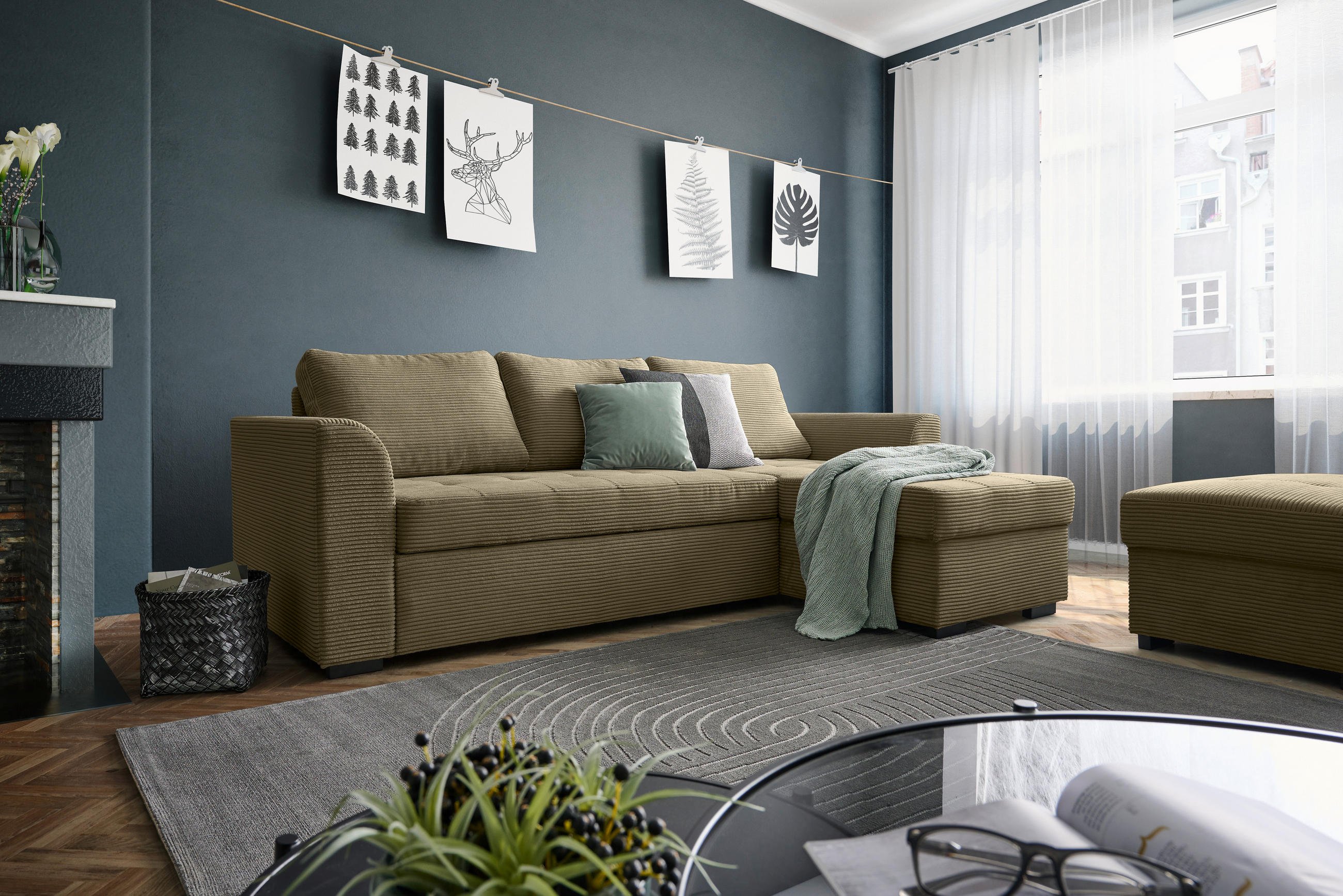 ECKSOFA in Cord, Velours Olivgrün  - Schwarz/Olivgrün, Design, Kunststoff/Textil (155/243cm) - Xora