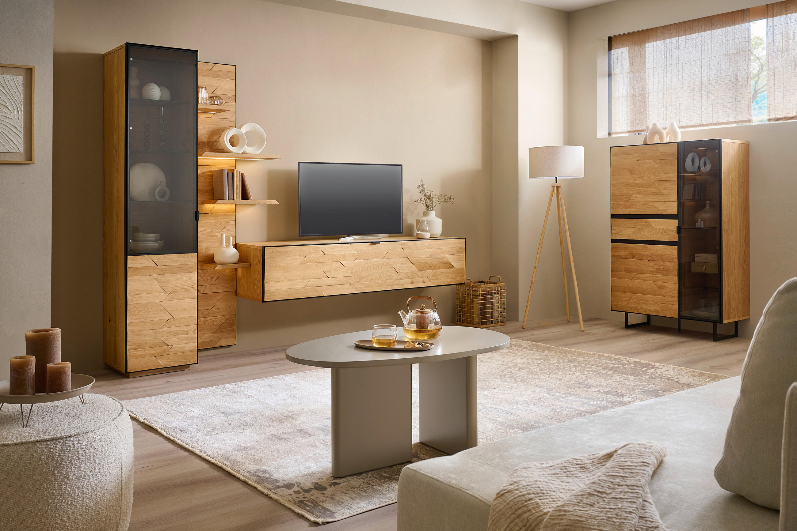 HIGHBOARD Schwarz, Wildeiche  95/148,8/42 cm  - Wildeiche/Schwarz, Natur, Glas/Holz (95/148,8/42cm) - Linea Natura