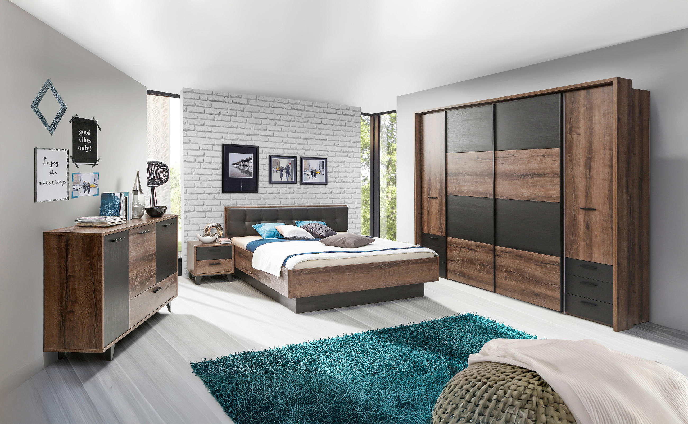 Thumbnail - Carryhome Kleiderschrank, Schwarz, Eiche, Kunststoff, 8 Fächer, 6 Schublade(n) Schubladen, 270.3x223x61.2 cm, Beimöbel e...