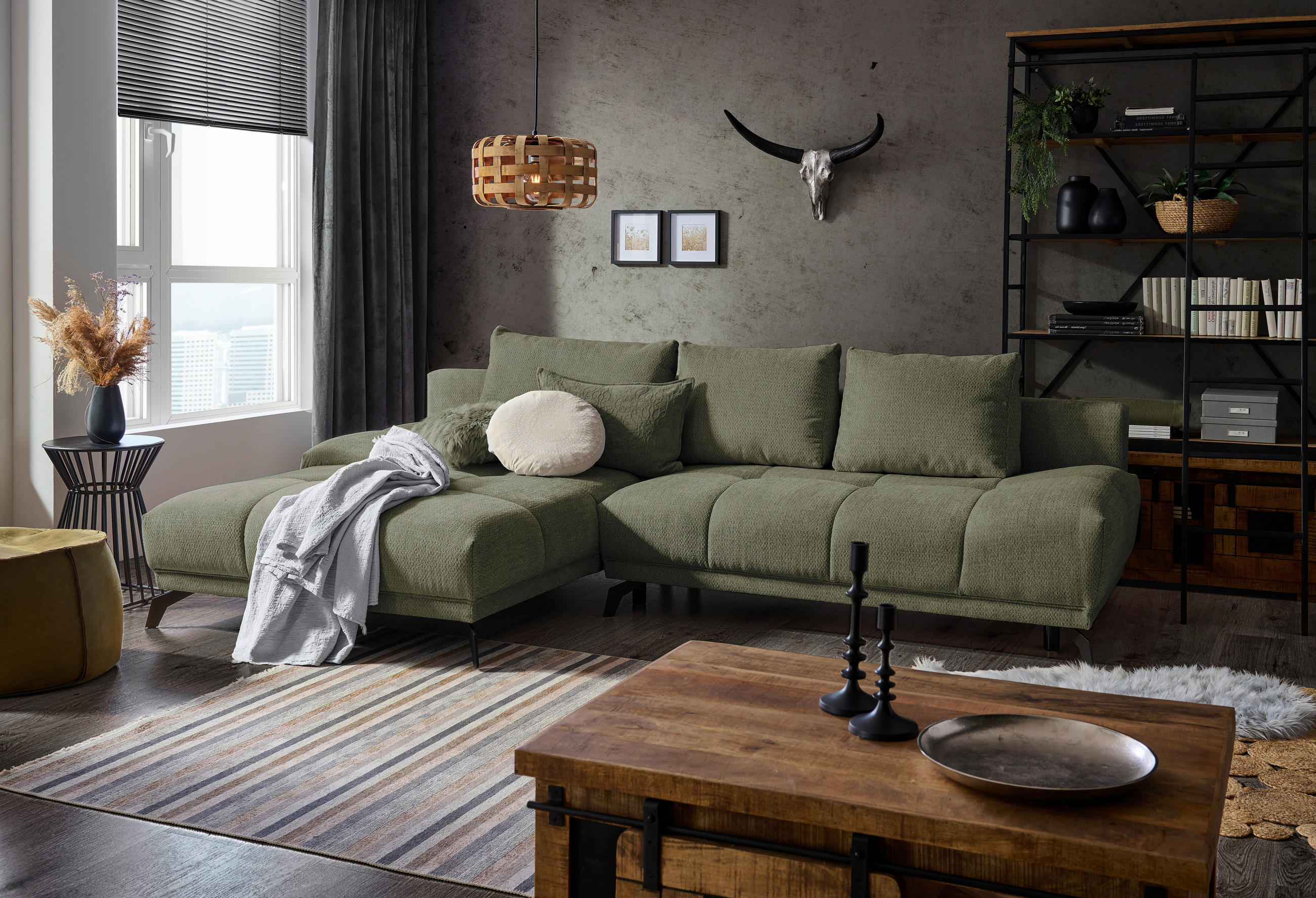 ECKSOFA Olivgrün Chenille  - Schwarz/Olivgrün, MODERN, Textil/Metall (182/290cm) - Hom`in