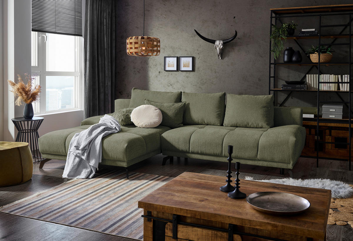 ECKSOFA in Chenille Olivgrün  - Schwarz/Olivgrün, Modern, Textil/Metall (182/290cm) - Hom`in