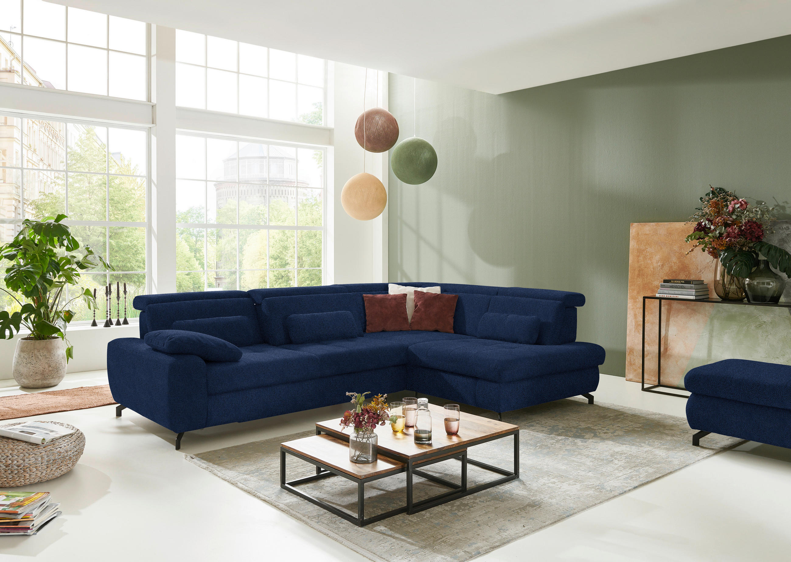 ECKSOFA in Chenille Dunkelblau  - Schwarz/Dunkelblau, Design, Textil/Metall (310/220cm) - Beldomo Style