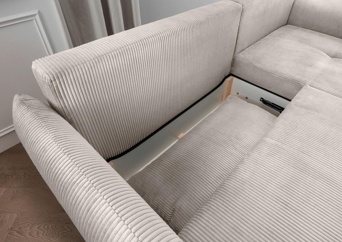 ECKSCHLAFSOFA in Cord Beige  - Beige/Schwarz, Basics, Holz/Textil (238/174cm) - Livetastic