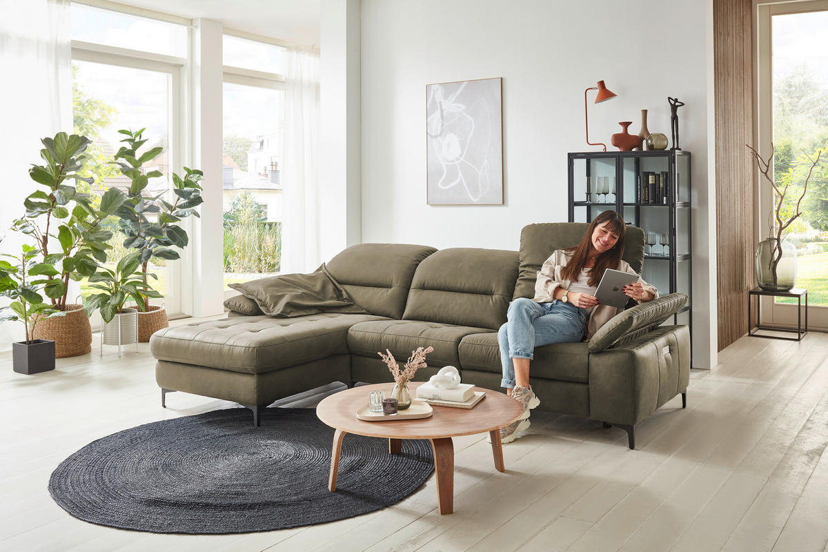 ECKSOFA Olivgrün Mikrofaser Kopfteilverstellung  - Chromfarben/Olivgrün, Design, Textil/Metall (184/280cm) - Pure Home Comfort