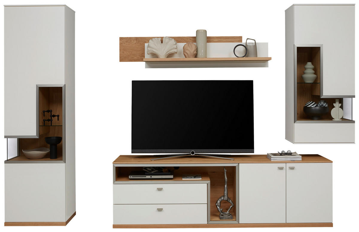 WOHNWAND  in Weiß, Eichefarben  290/218,3/52 cm  - Edelstahlfarben/Eichefarben, Design, Glas/Holz (290/218,3/52cm) - Dieter Knoll