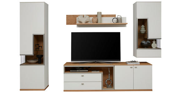 WOHNWAND  in Weiß, Eichefarben  290/218,3/52 cm  - Edelstahlfarben/Eichefarben, Design, Glas/Holz (290/218,3/52cm) - Dieter Knoll