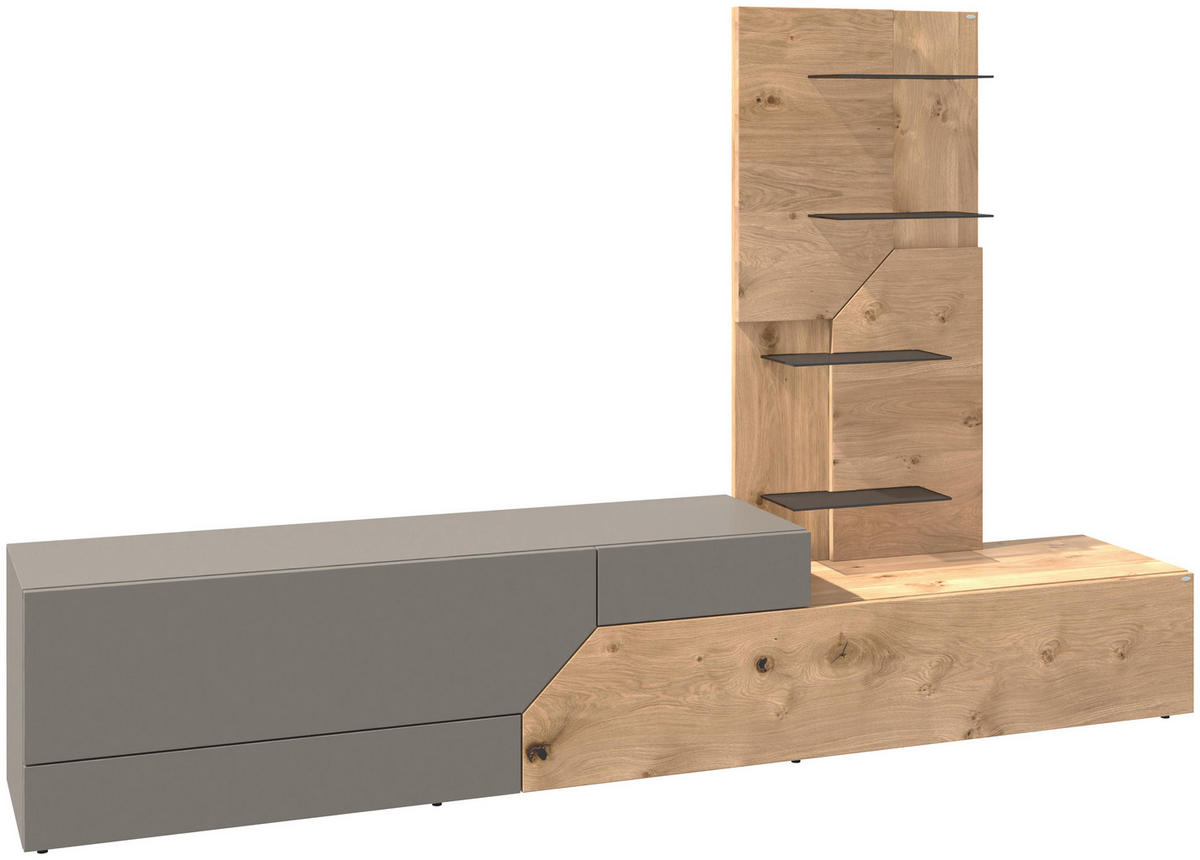 WOHNWAND 2-teilig  Grau, Eichefarben 256/162/44,5 cm  - Wildeiche/Eichefarben, Design, Glas/Holz (256/162/44,5cm) - Voglauer