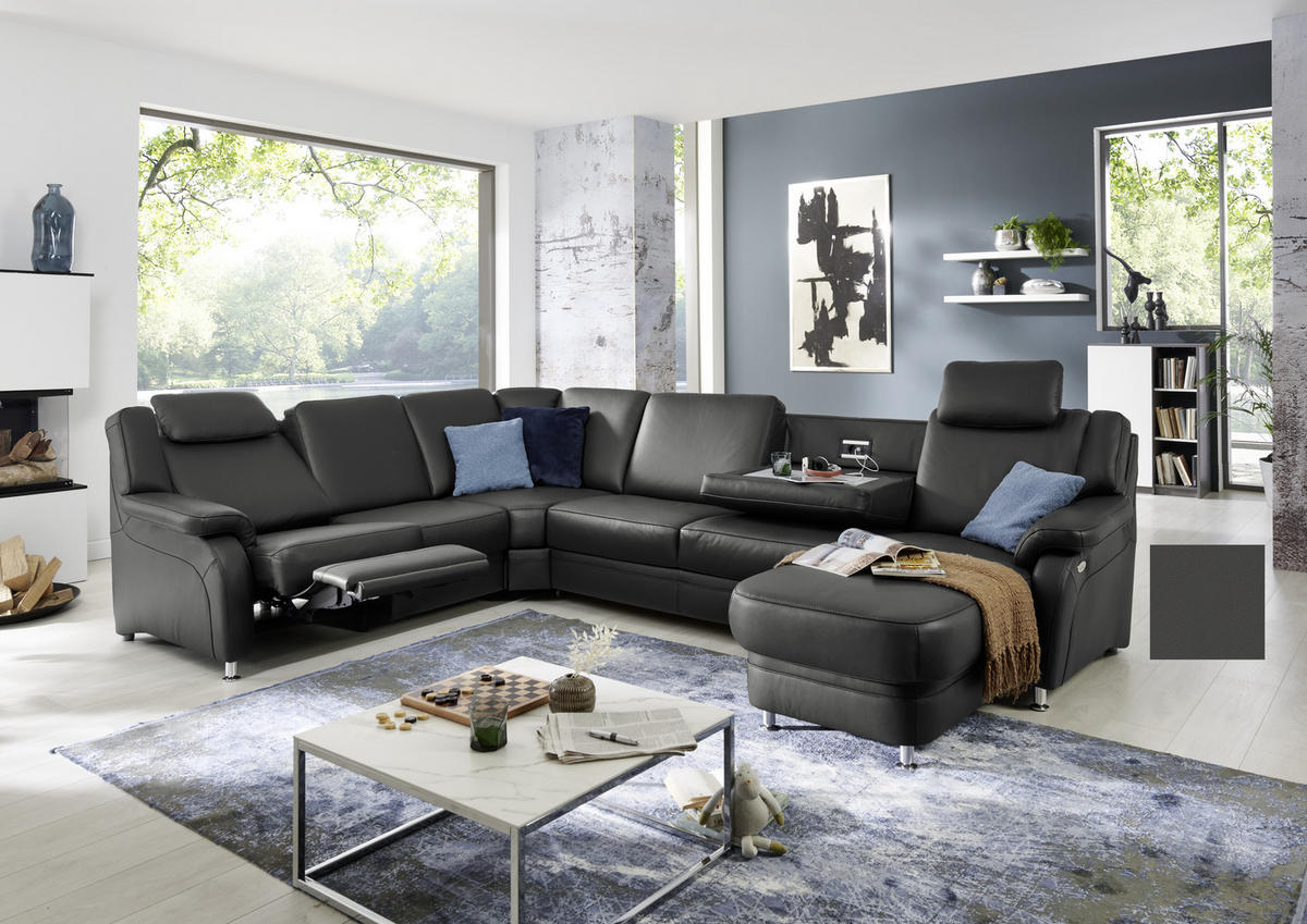 WOHNLANDSCHAFT in Echtleder Anthrazit  - Anthrazit/Alufarben, Konventionell, Leder/Metall (239/329/165cm) - Beldomo Premium