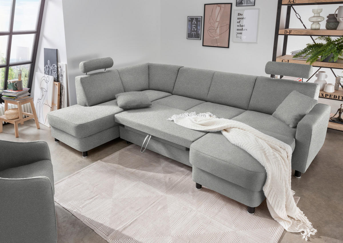 WOHNLANDSCHAFT in Webstoff Platinfarben  - Platinfarben/Schwarz, Design, Holz/Textil (198/296/165cm) - Xora