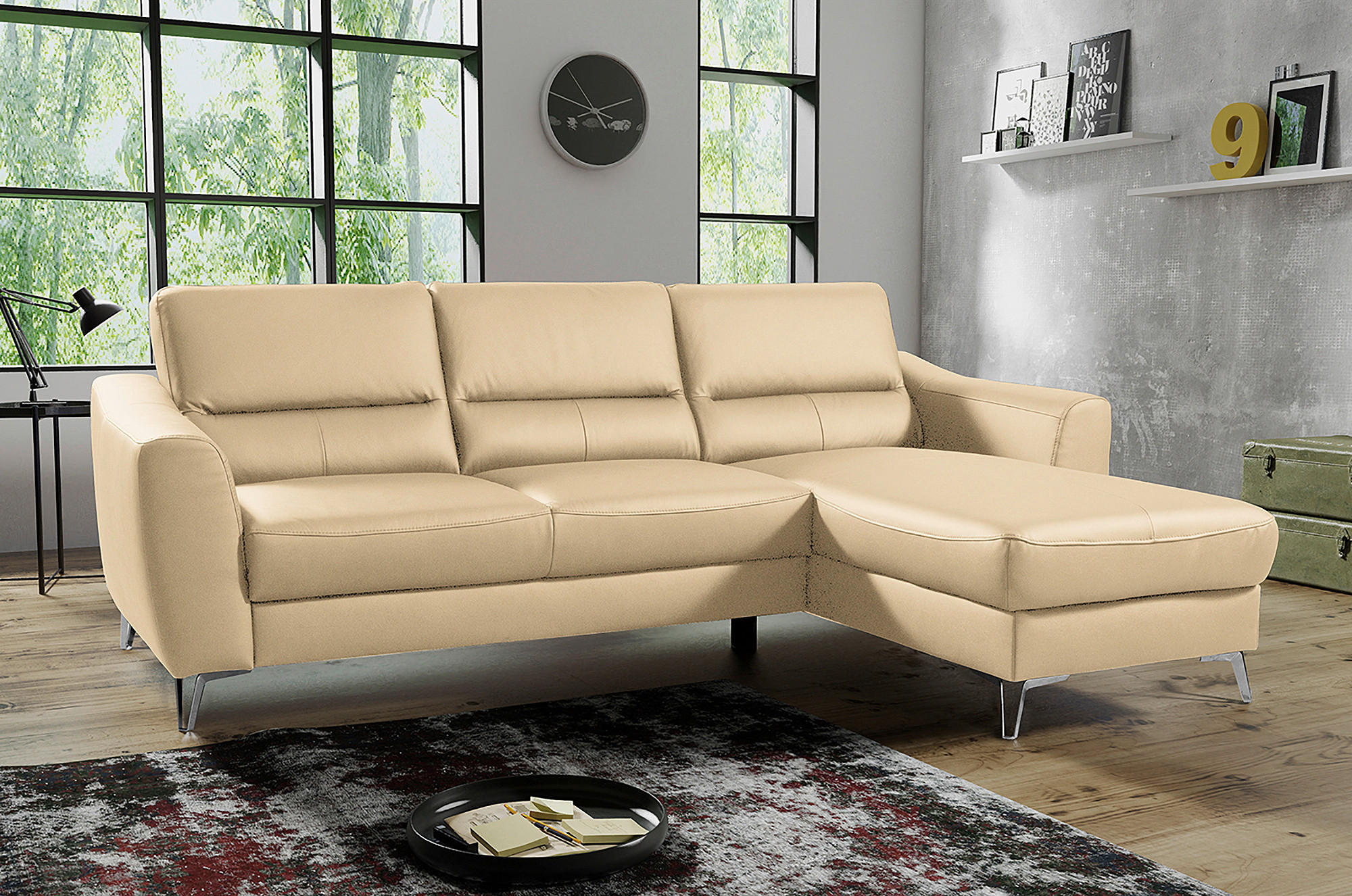 ECKSOFA in Lederlook Echtleder Beige  - Chromfarben/Beige, Design, Leder/Textil (241/168cm) - Livetastic