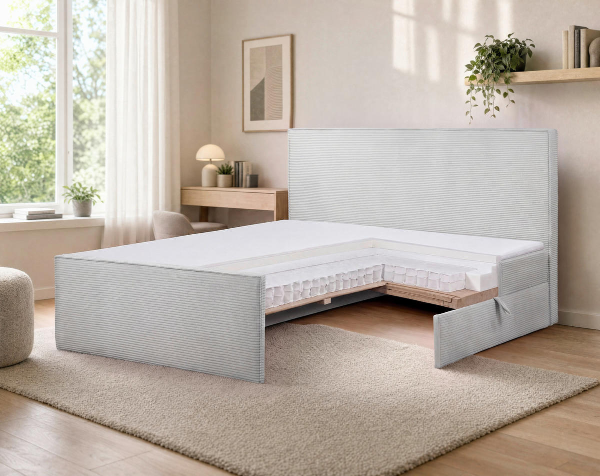 BOXBETT 180/200 cm,  in Hellgrau, gepolstertes Kopfteil, Bettkasten, Topper, Matratzen, H3 + H3 = fest  - Hellgrau/Schwarz, Basics, Kunststoff/Textil (180/200cm) - Chameo