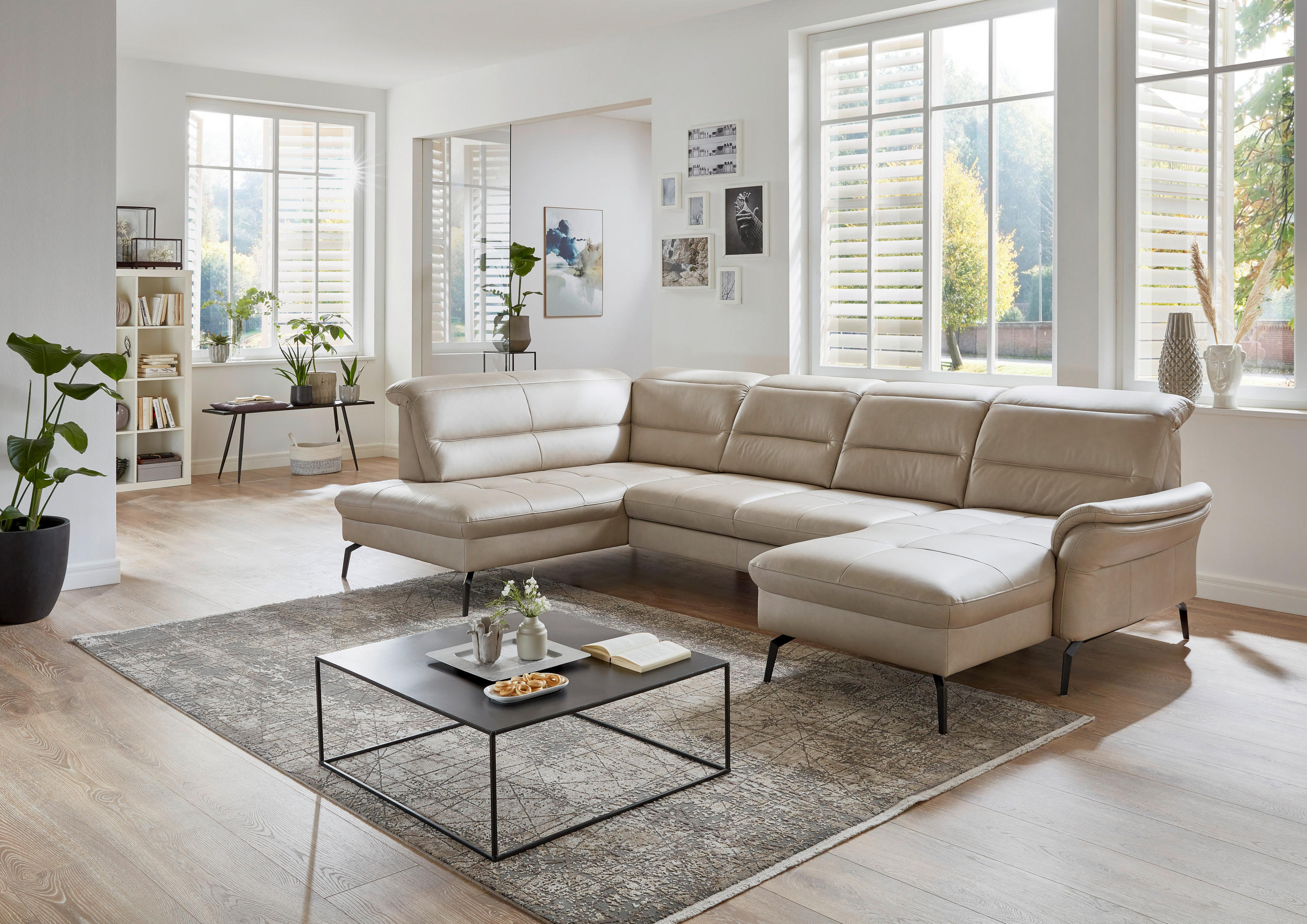 WOHNLANDSCHAFT Beige Echtleder  - Beige/Schwarz, Design, Leder/Metall (206/336/181cm) - Beldomo Speed