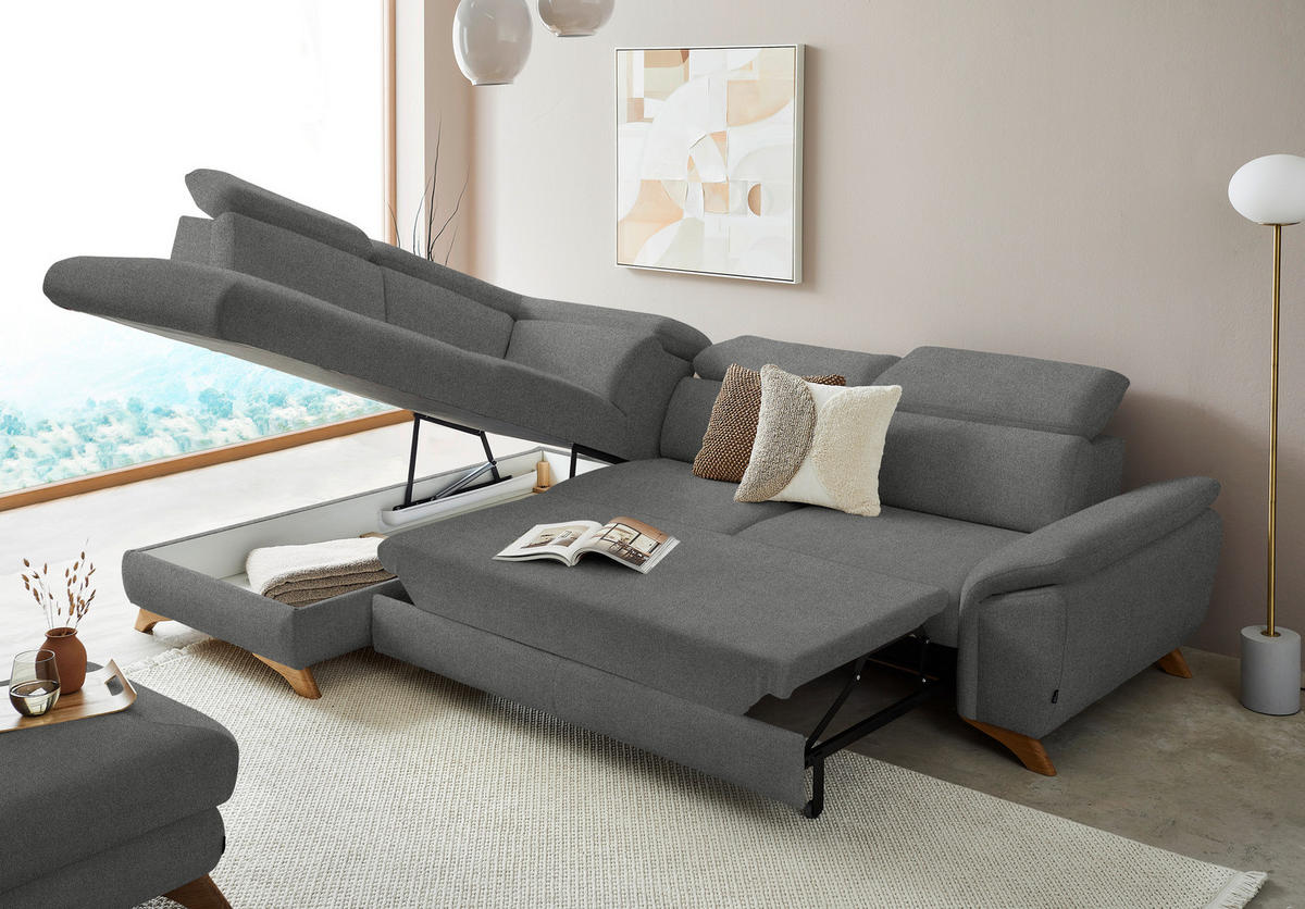 ECKSOFA in Flachgewebe Grau  - Eichefarben/Grau, Modern, Holz/Textil (212/287cm) - Valnatura