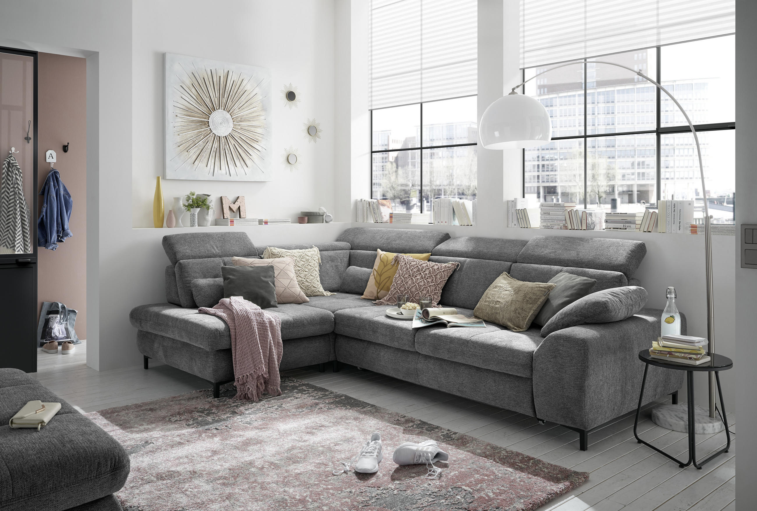 Thumbnail - SetOne by Musterring Ecksofa, Anthrazit, Textil, 3-Sitzer, Ottomane links, L-Form, 314x220 cm, Bettkasten erhältlich, Fu...
