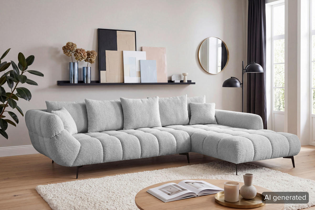 ECKSOFA 318/217 cm  in Bouclé Silberfarben Zierkissen, Rückenkissen, Rücken echt  318/217 cm  - Silberfarben/Schwarz, MODERN, Textil/Metall (318/217cm) - Carryhome