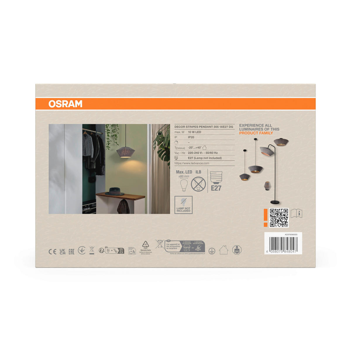 HÄNGELEUCHTE 30,5/120 cm  - Dunkelgrau, Basics, Textil/Metall (30,5/120cm) - Osram