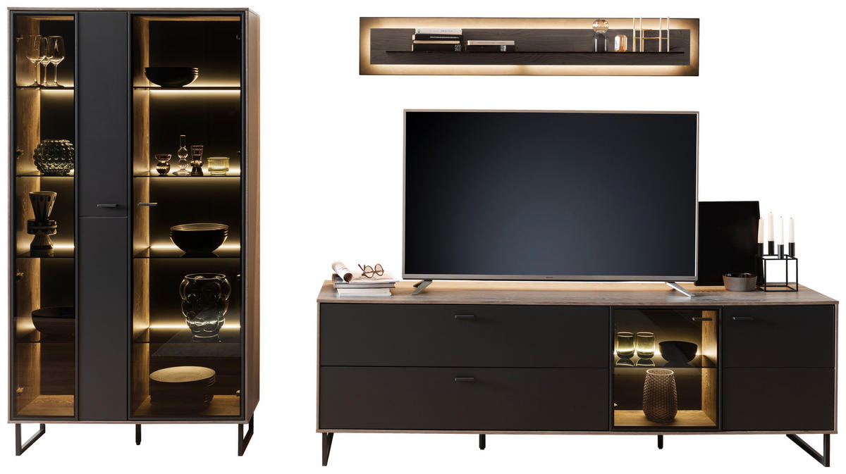 WOHNWAND  in Schwarz, Eichefarben  321/185/50 cm  - Eichefarben/Anthrazit, Design, Glas/Holz (321/185/50cm) - MID.YOU