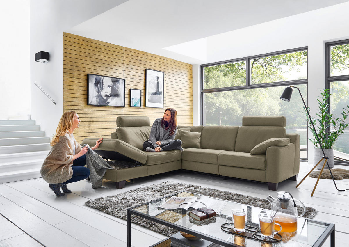 ECKSOFA in Echtleder Olivgrün  - Eichefarben/Olivgrün, Design, Leder/Holz (235/259cm) - Valdera