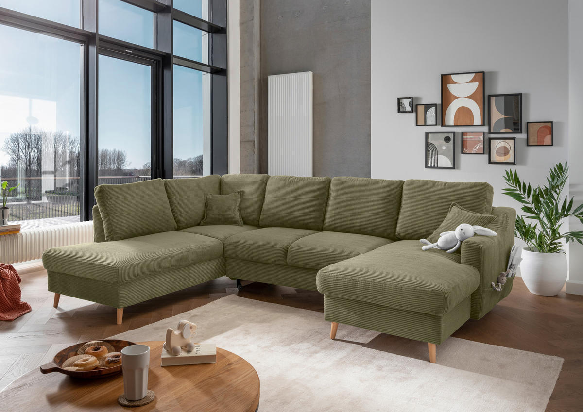 WOHNLANDSCHAFT Olivgrün Cord  - Naturfarben/Olivgrün, KONVENTIONELL, Holz/Textil (200/301/150cm) - P & B