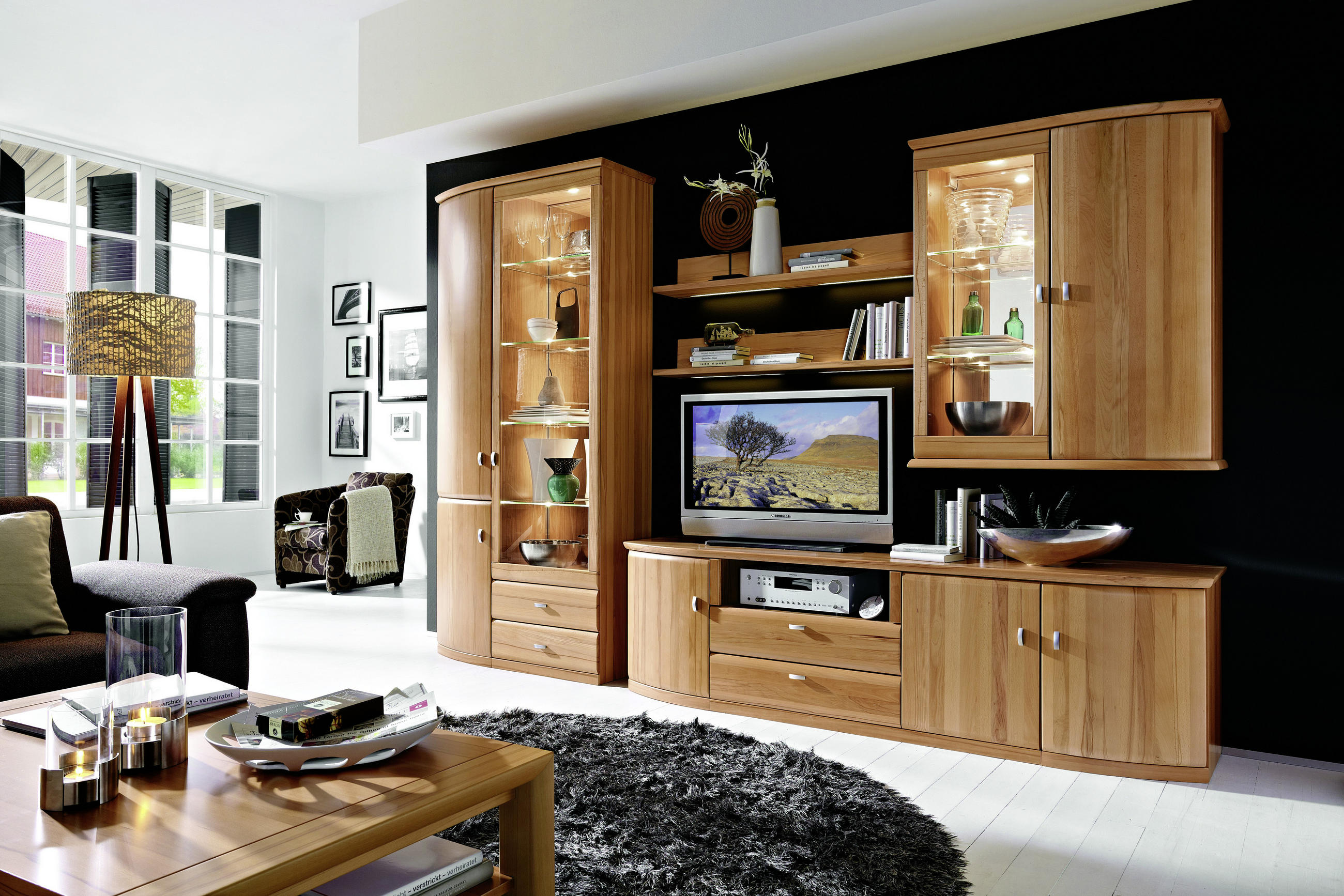 WOHNWAND  in Buchefarben  330/218,7/49,7 cm  - Edelstahlfarben/Buchefarben, KONVENTIONELL, Glas/Holz (330/218,7/49,7cm) - Invivus